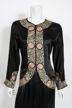 Vintage 1930's Embroidered Black Silk Blouse & Fringed Pants Boudoir Lounge Set