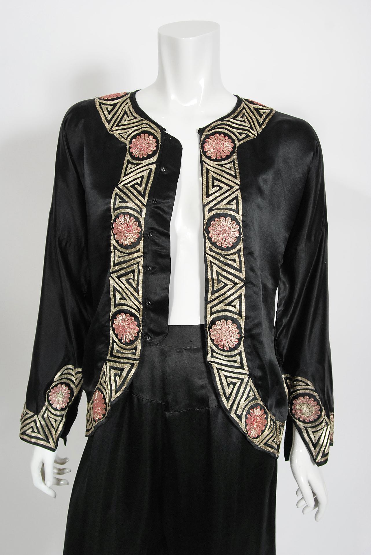 Women's Vintage 1930's Embroidered Black Silk Blouse & Fringed Pants Boudoir Lounge Set