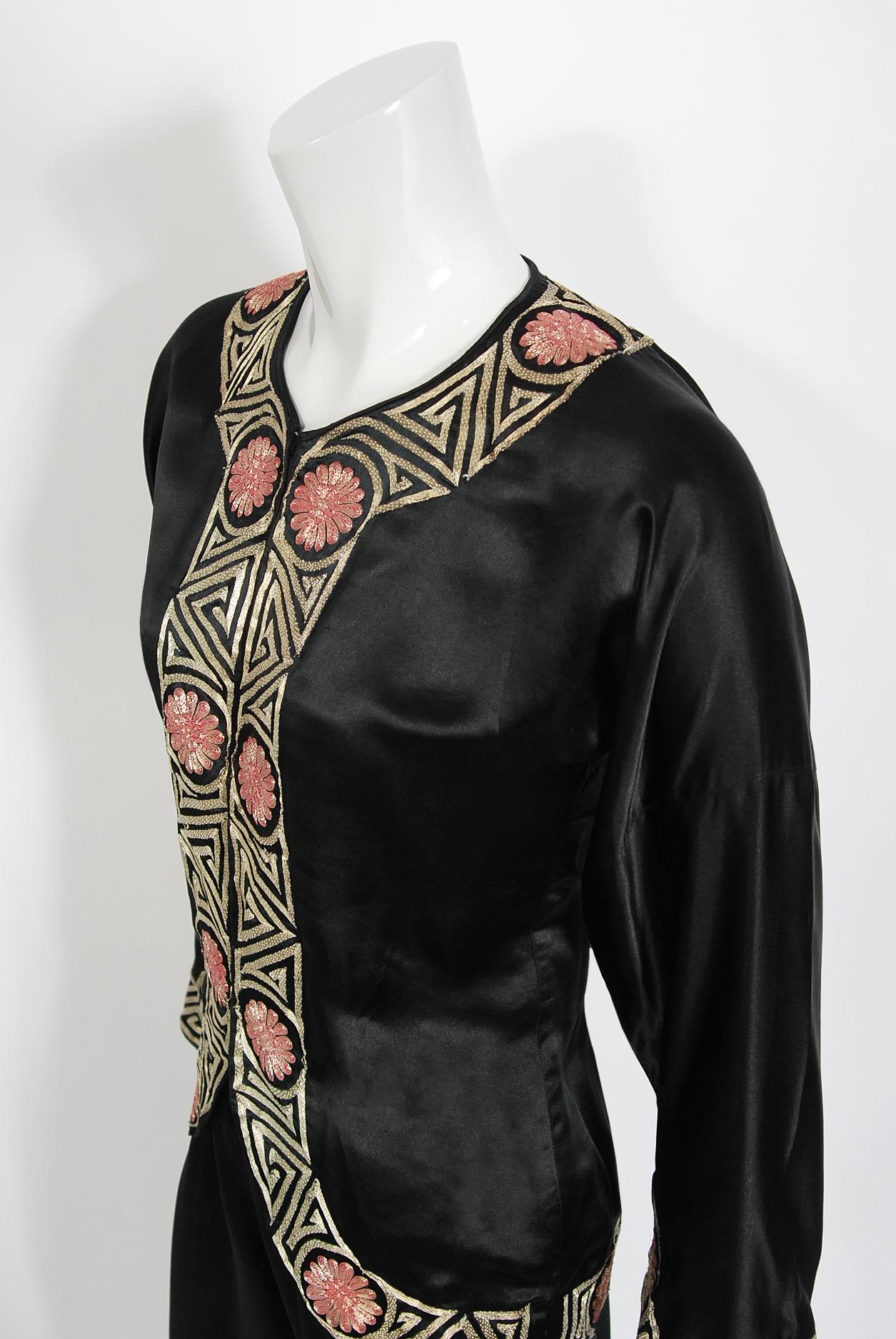 Vintage 1930's Embroidered Black Silk Blouse & Fringed Pants Boudoir Lounge Set 2