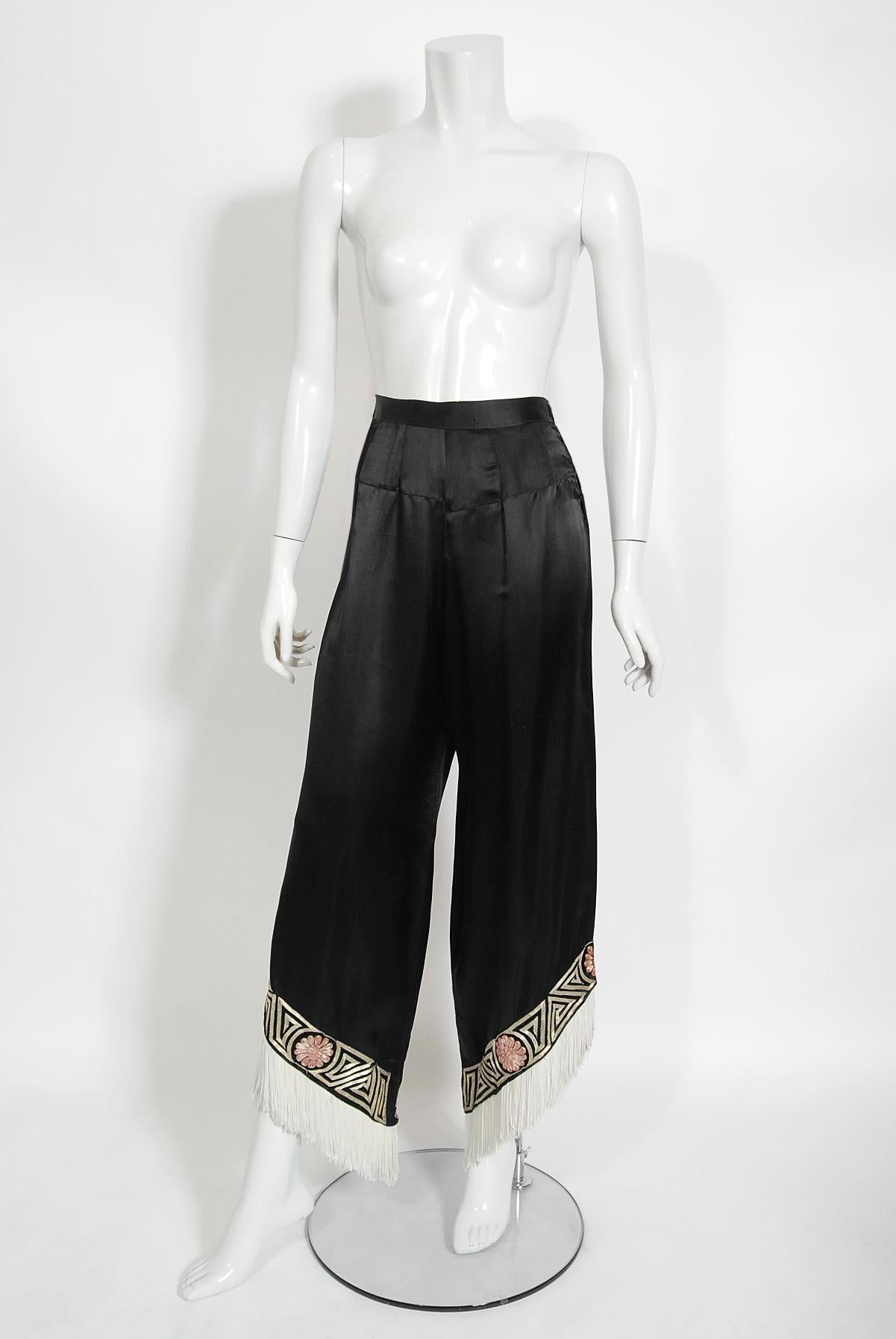 Vintage 1930's Embroidered Black Silk Blouse & Fringed Pants Boudoir Lounge Set 3