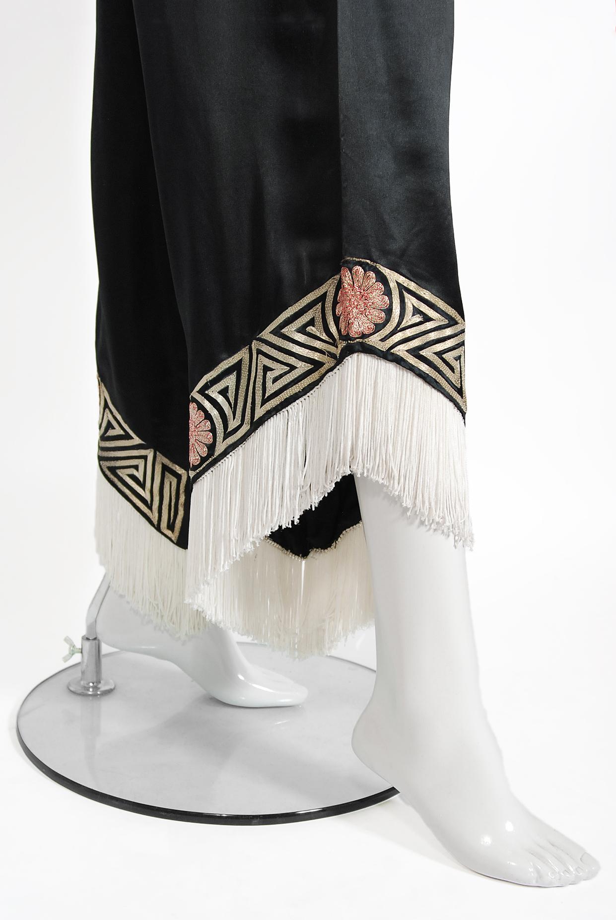 Vintage 1930's Embroidered Black Silk Blouse & Fringed Pants Boudoir Lounge Set 4