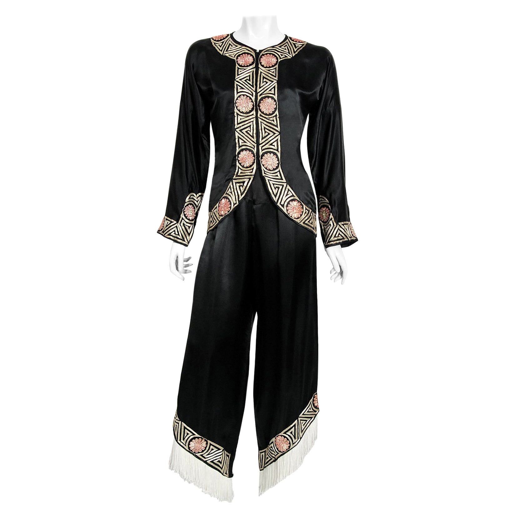 Vintage 1930
s Embroidered Black Silk Blouse 
Fringed Pants Boudoir Lounge Set
