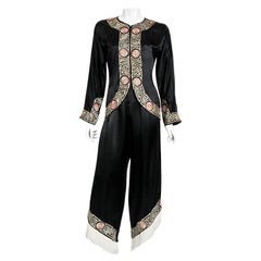 Vintage 1930's Embroidered Black Silk Blouse & Fringed Pants Boudoir Lounge Set