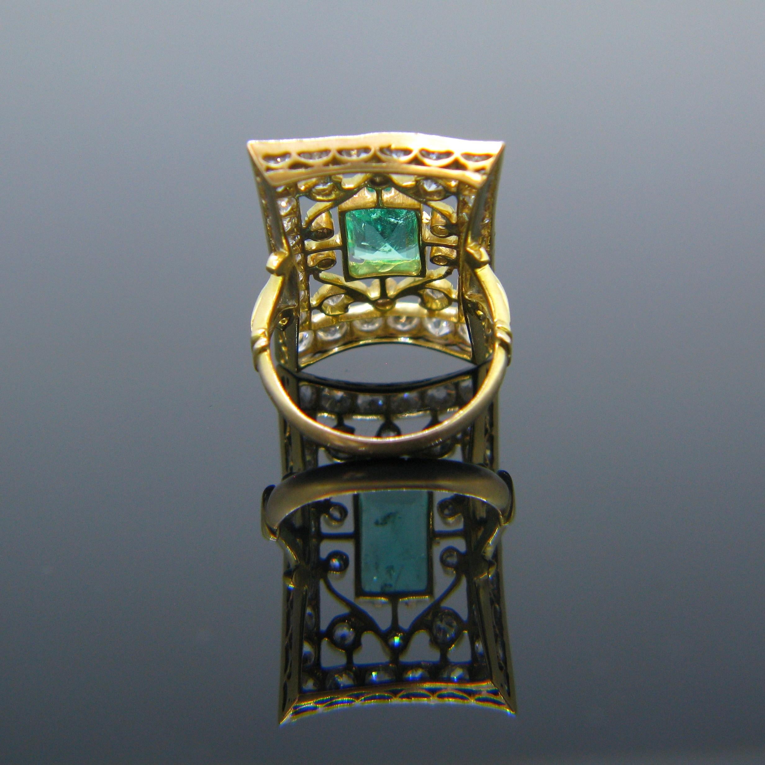 Emerald Cut Vintage 1930s Emerald Diamonds Yellow Gold Ring