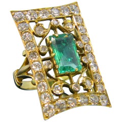 Vintage 1930s Emerald Diamonds Yellow Gold Ring