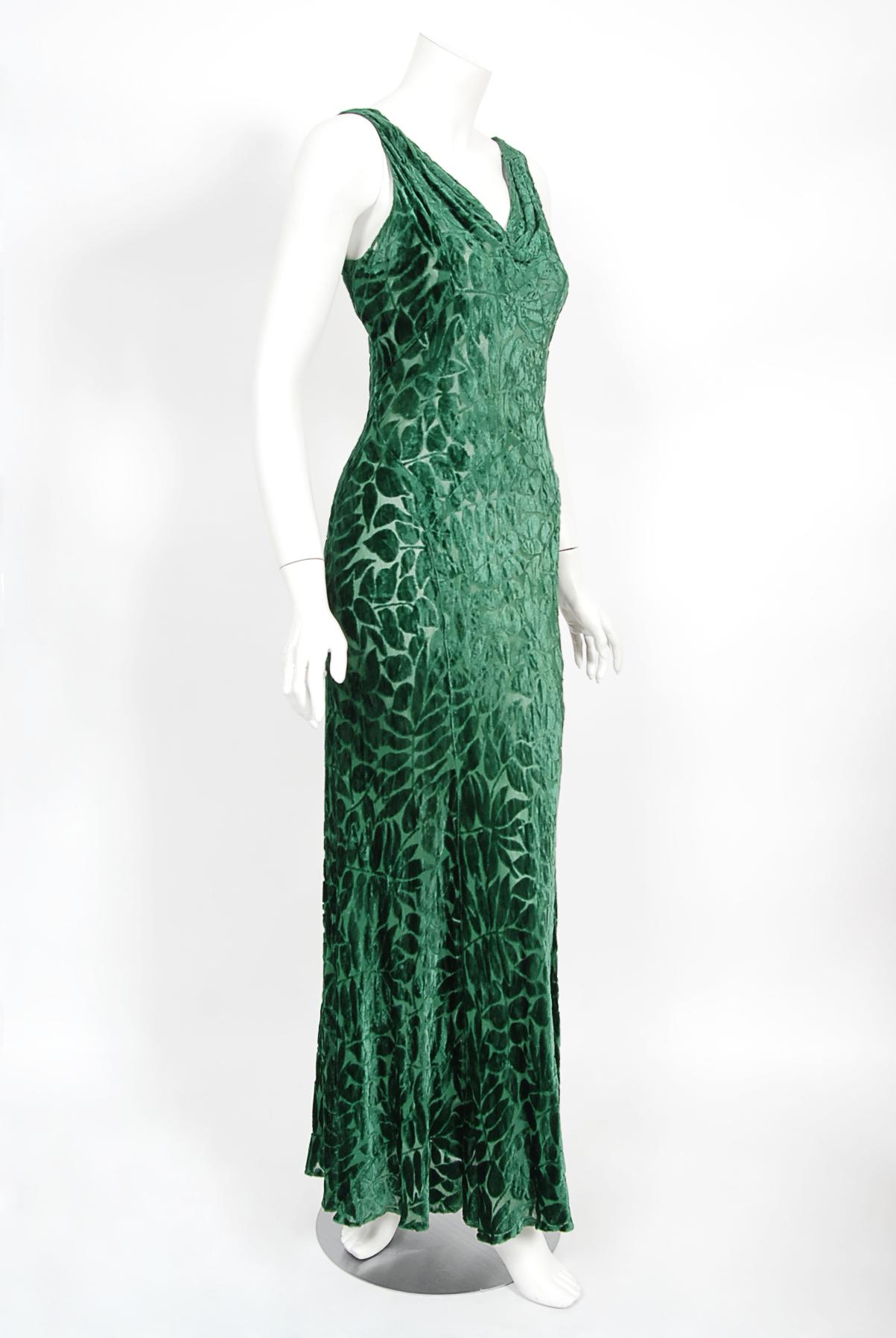 Vintage 1930's Emerald Green Leaf Motif Sheer Silk Velvet Bias-Cut Gown & Bolero 7