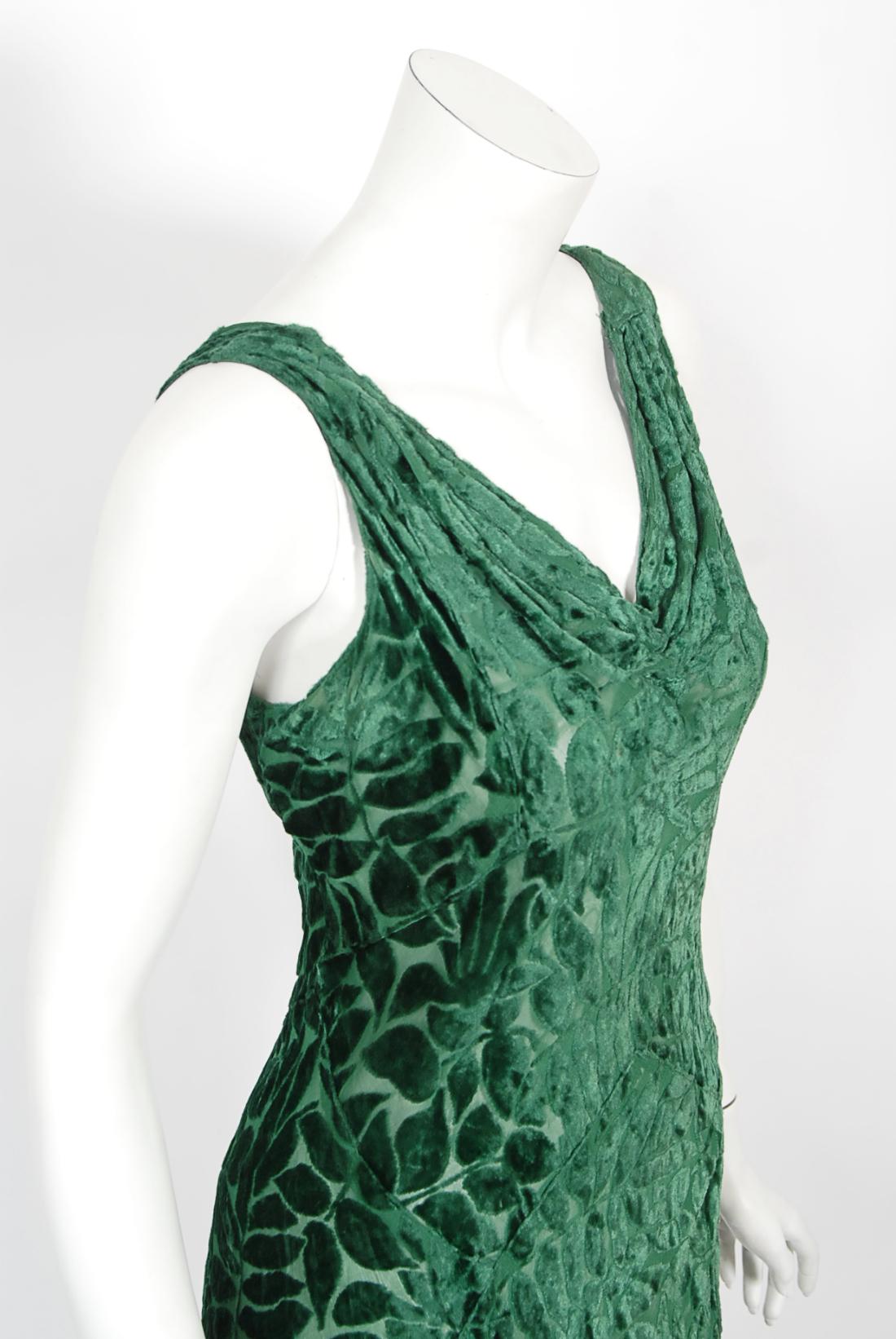 Vintage 1930's Emerald Green Leaf Motif Sheer Silk Velvet Bias-Cut Gown & Bolero 8