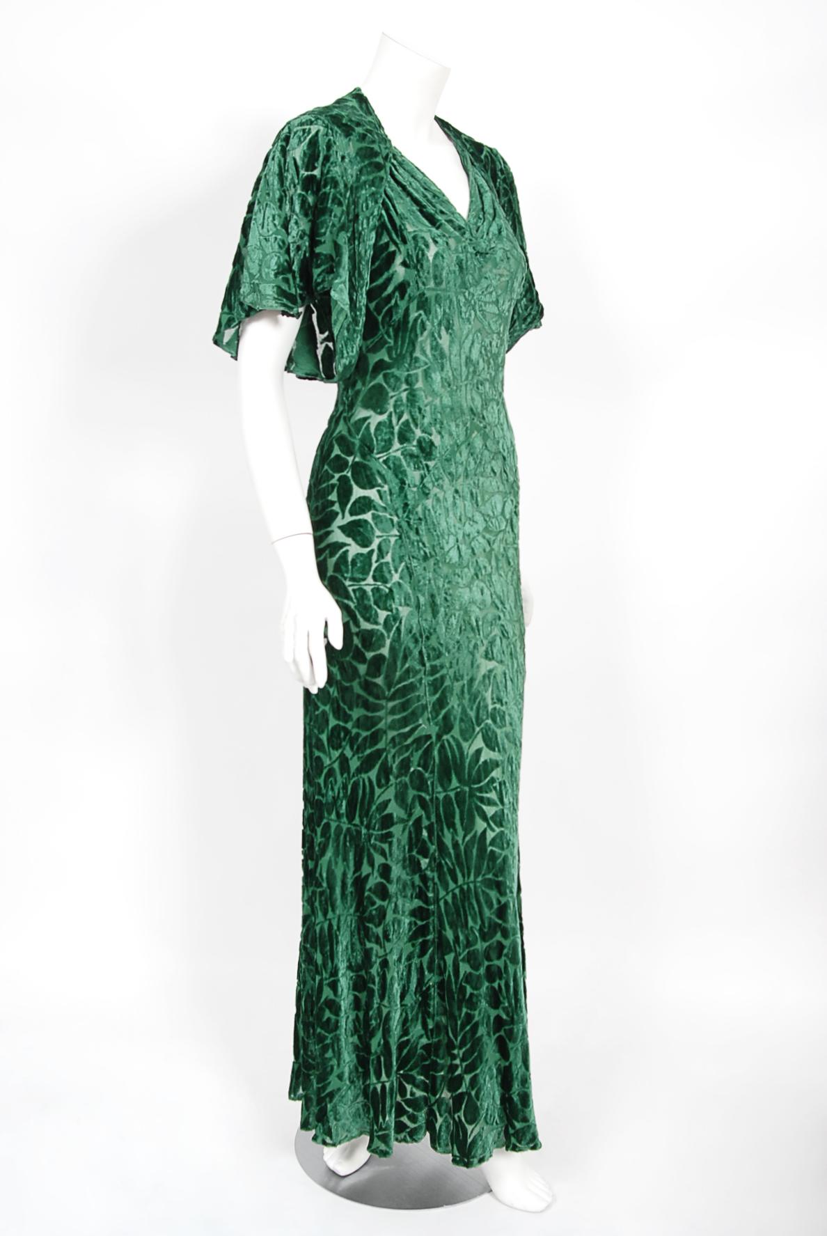 Vintage 1930's Emerald Green Leaf Motif Sheer Silk Velvet Bias-Cut Gown & Bolero 9