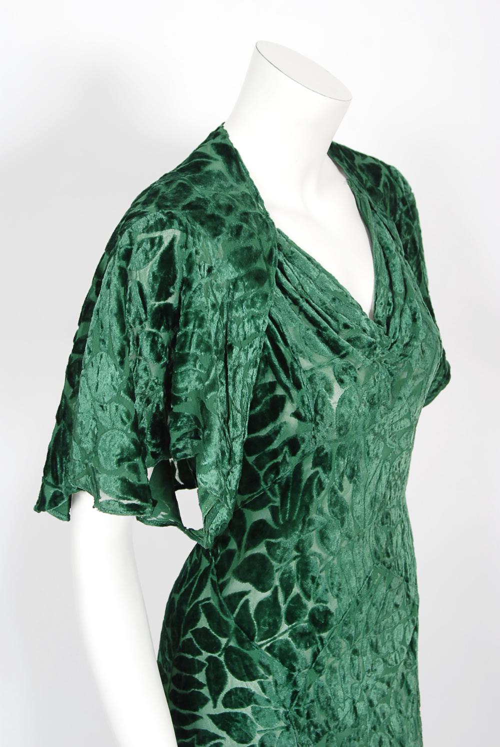 Vintage 1930's Emerald Green Leaf Motif Sheer Silk Velvet Bias-Cut Gown & Bolero 10