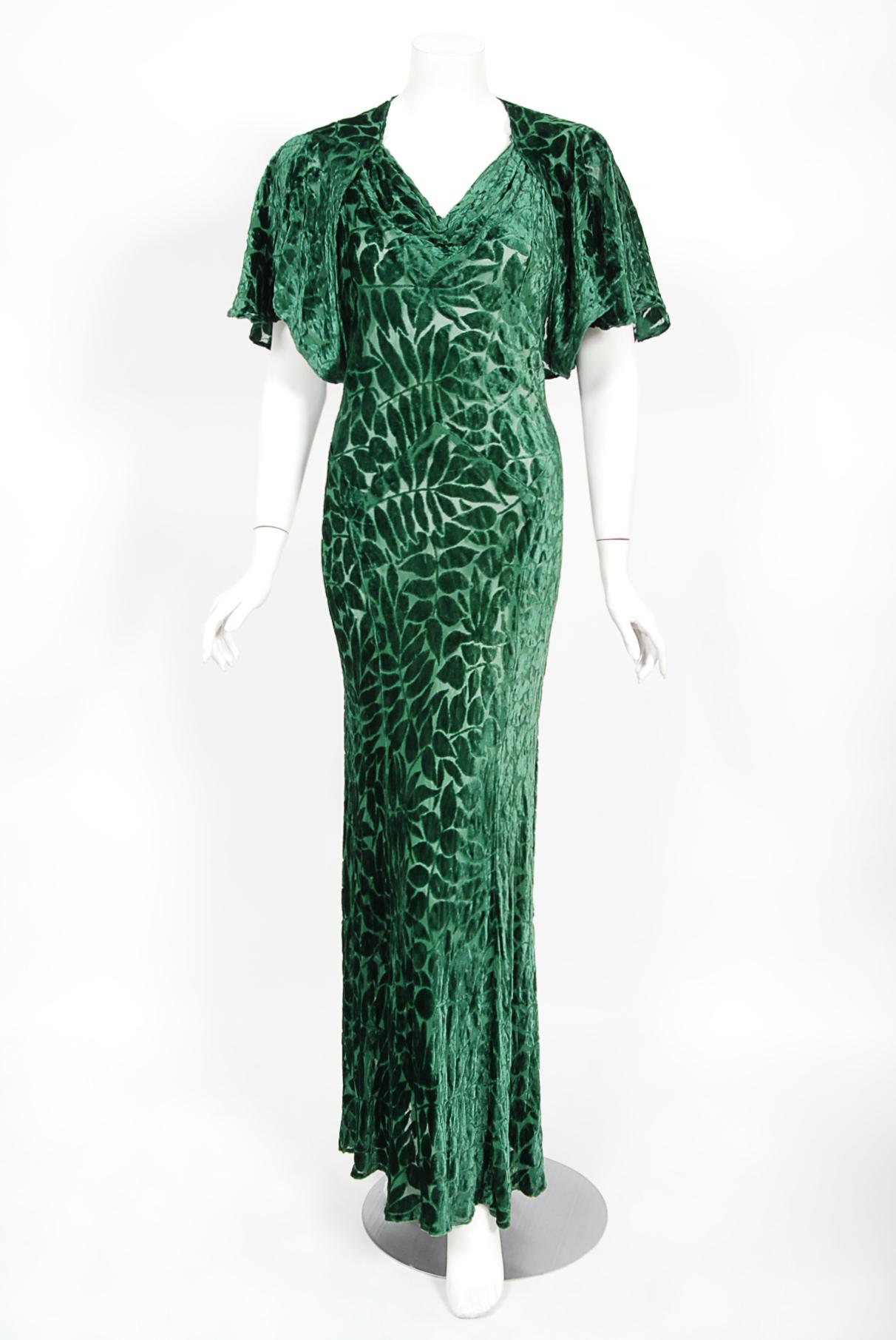 Vintage 1930's Emerald Green Leaf Motif Sheer Silk Velvet Bias-Cut Gown & Bolero 11