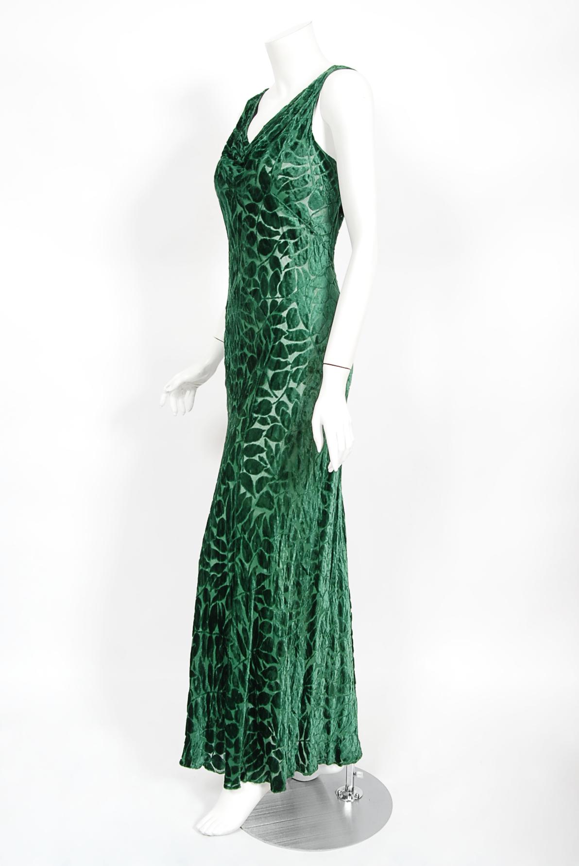 Vintage 1930's Emerald Green Leaf Motif Sheer Silk Velvet Bias-Cut Gown & Bolero 12