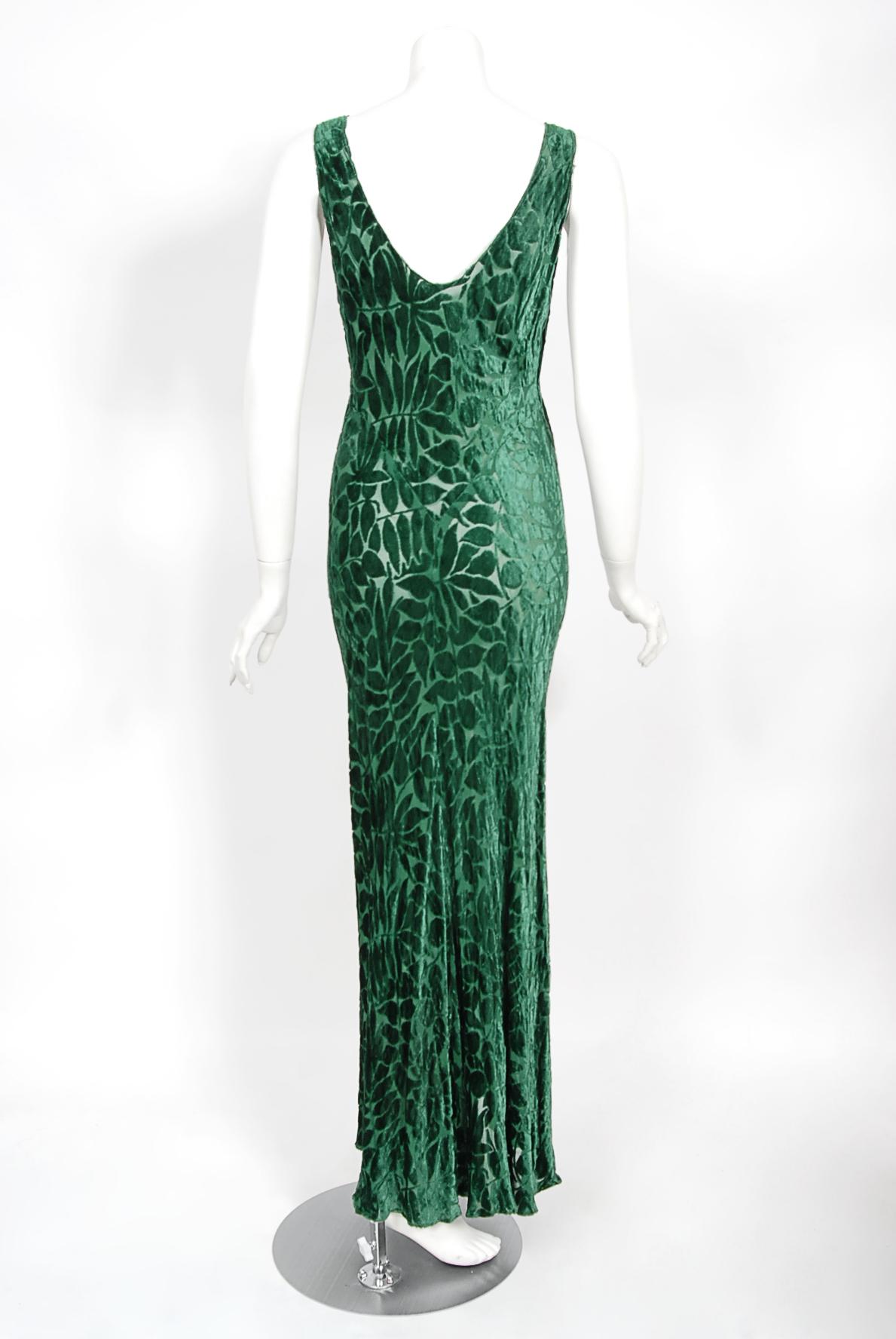Vintage 1930's Emerald Green Leaf Motif Sheer Silk Velvet Bias-Cut Gown & Bolero 13