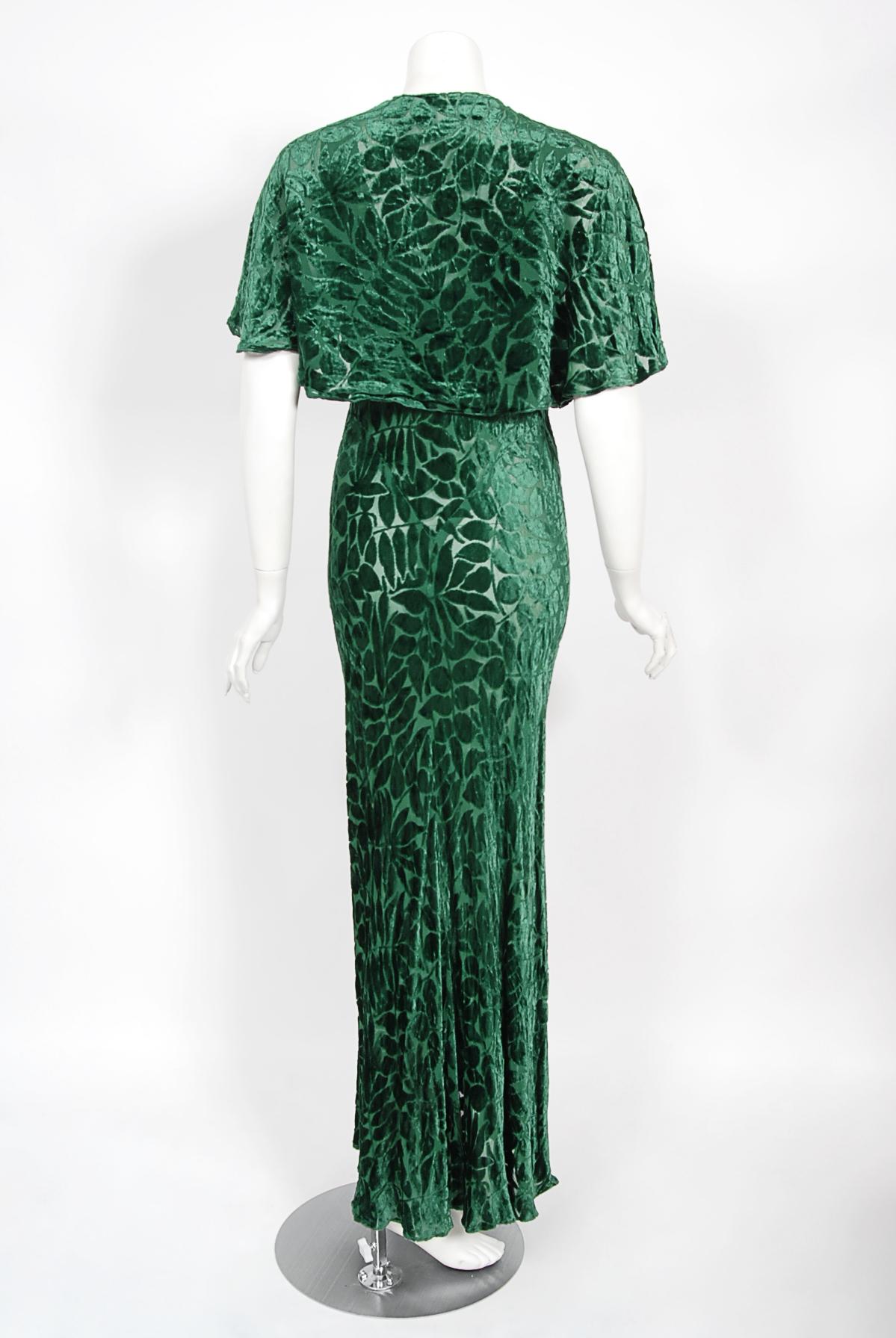 Vintage 1930's Emerald Green Leaf Motif Sheer Silk Velvet Bias-Cut Gown & Bolero 14