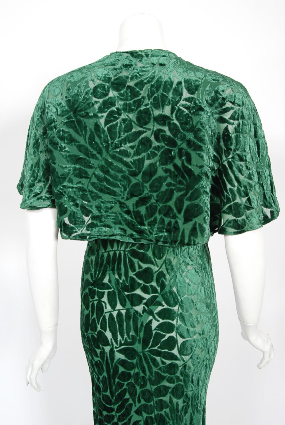 Vintage 1930's Emerald Green Leaf Motif Sheer Silk Velvet Bias-Cut Gown & Bolero 15