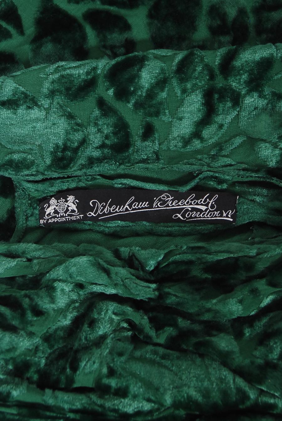 Vintage 1930's Emerald Green Leaf Motif Sheer Silk Velvet Bias-Cut Gown & Bolero 16