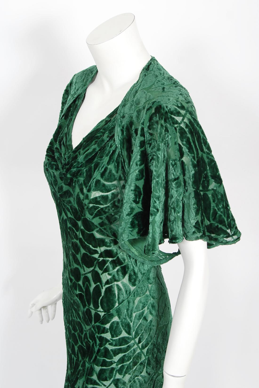 Women's Vintage 1930's Emerald Green Leaf Motif Sheer Silk Velvet Bias-Cut Gown & Bolero
