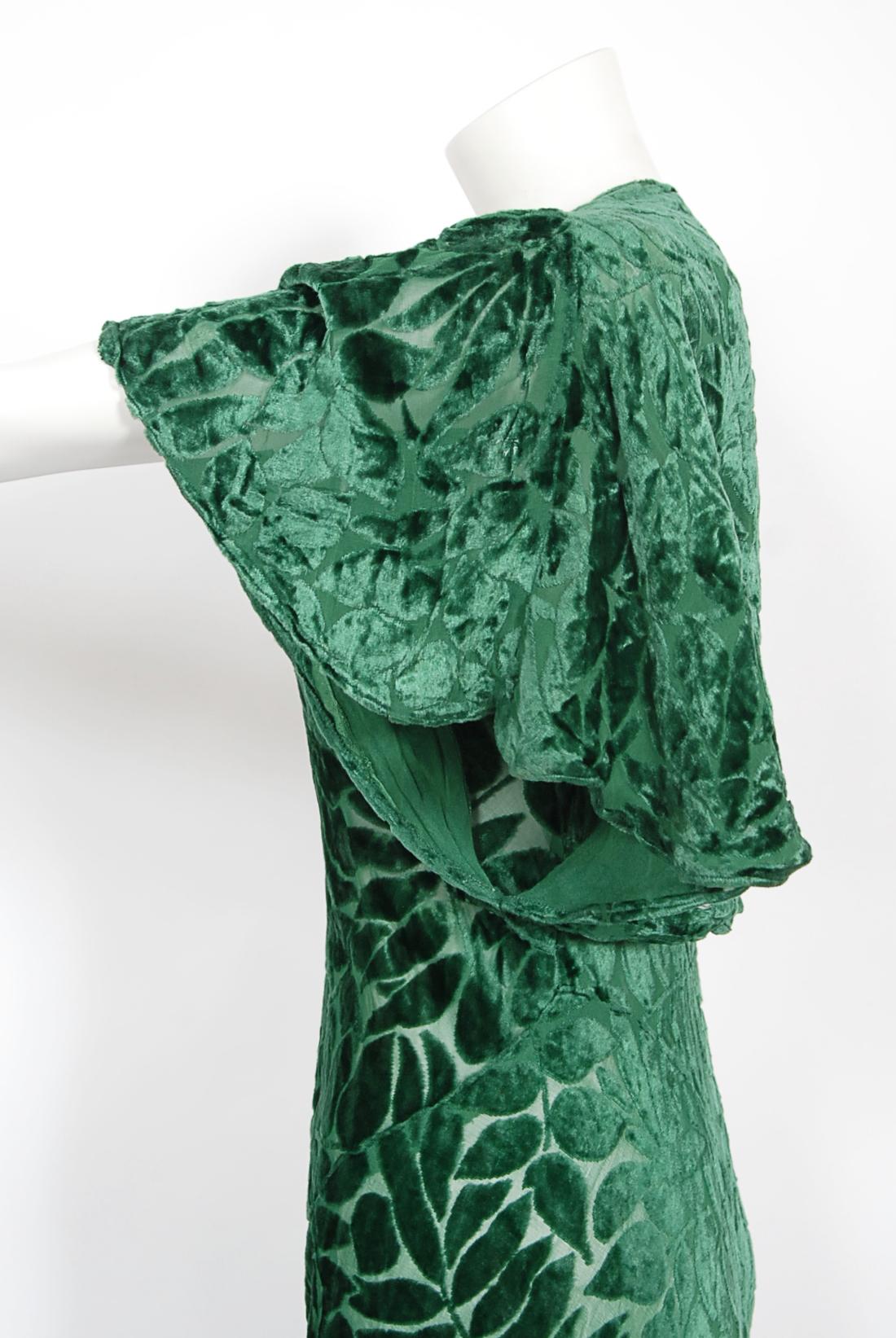 Vintage 1930's Emerald Green Leaf Motif Sheer Silk Velvet Bias-Cut Gown & Bolero 1