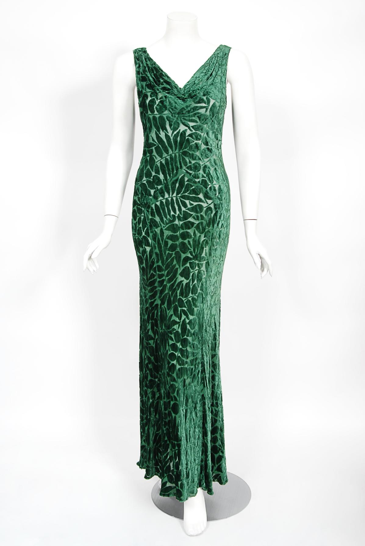 Vintage 1930's Emerald Green Leaf Motif Sheer Silk Velvet Bias-Cut Gown & Bolero 2