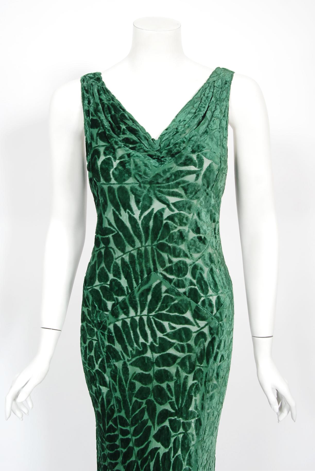 Vintage 1930's Emerald Green Leaf Motif Sheer Silk Velvet Bias-Cut Gown & Bolero 3
