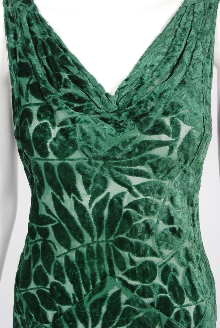 Vintage 1930's Emerald Green Leaf Motif Sheer Silk Velvet Bias-Cut Gown & Bolero 4
