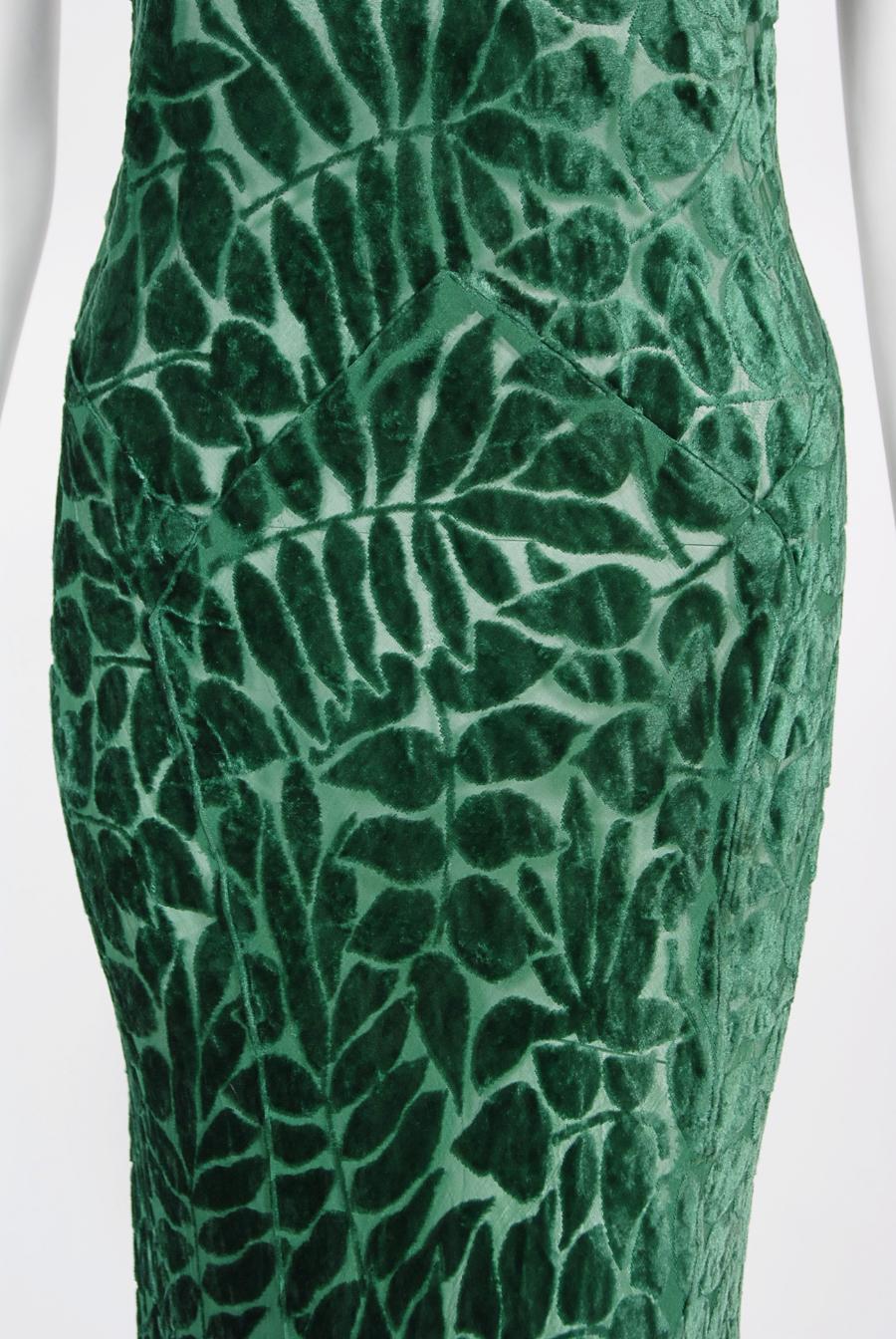 Vintage 1930's Emerald Green Leaf Motif Sheer Silk Velvet Bias-Cut Gown & Bolero 5