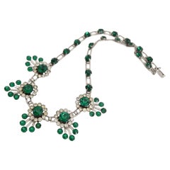 Vintage 1930er Jahre Smaragdgrüner Strass Silber Strass Silber Strass Blumen Halskette