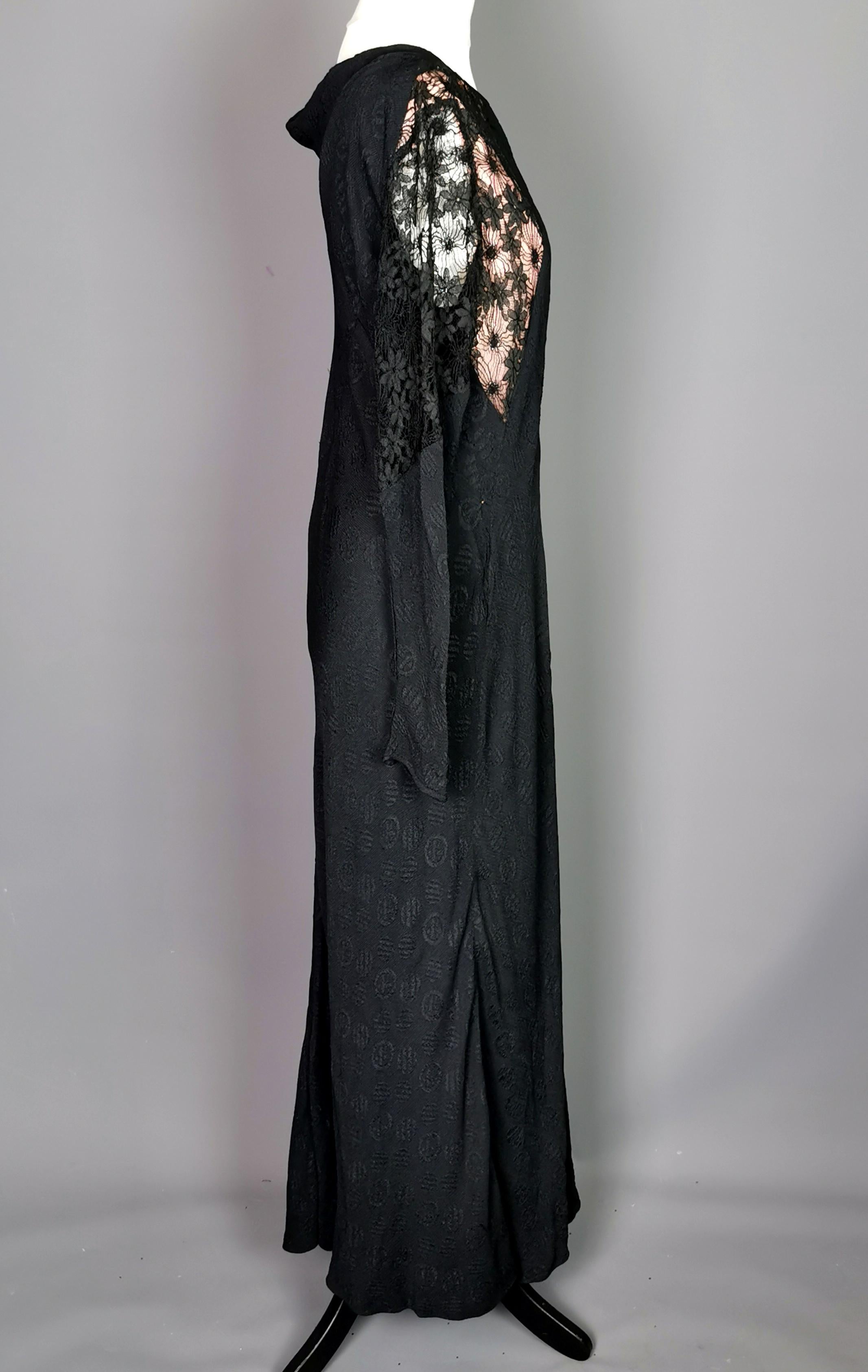 Vintage 1930's evening dress, Black lace, pink  For Sale 2