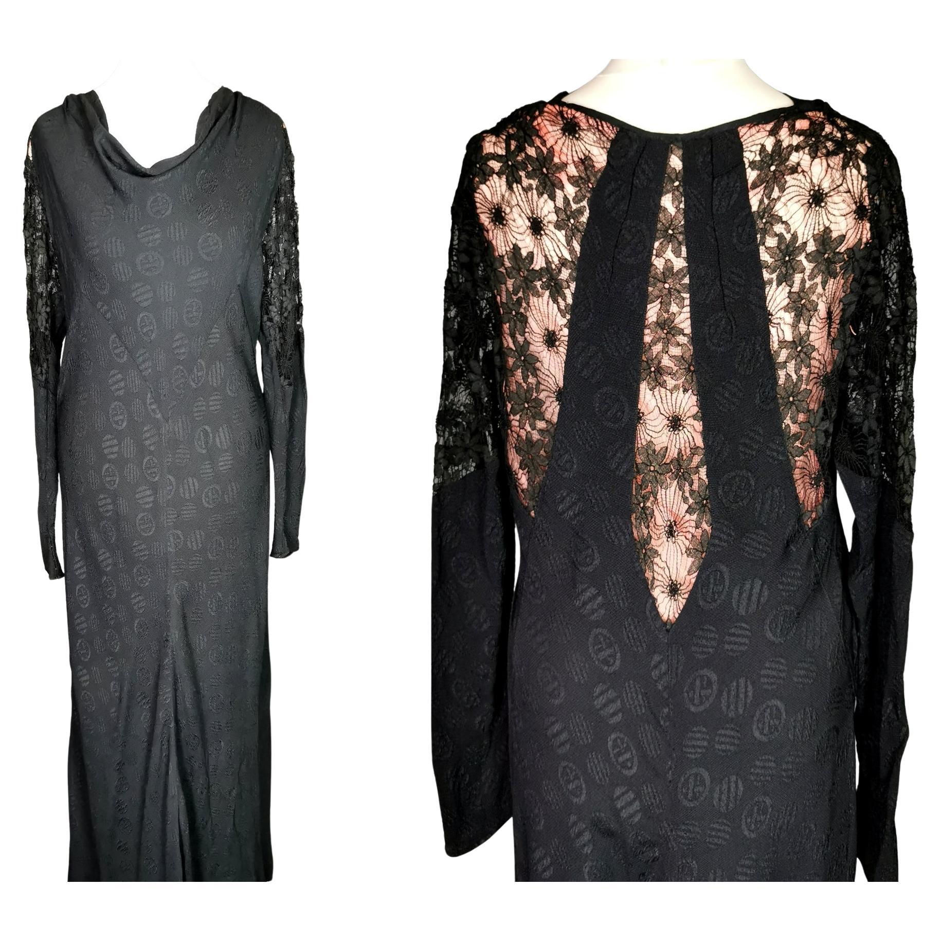 Vintage 1930's evening dress, Black lace, pink  For Sale