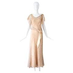 Vintage 1930s Evening Gown Champagne Lace and Silk 1930s Dress UK 6-8 US 2-4