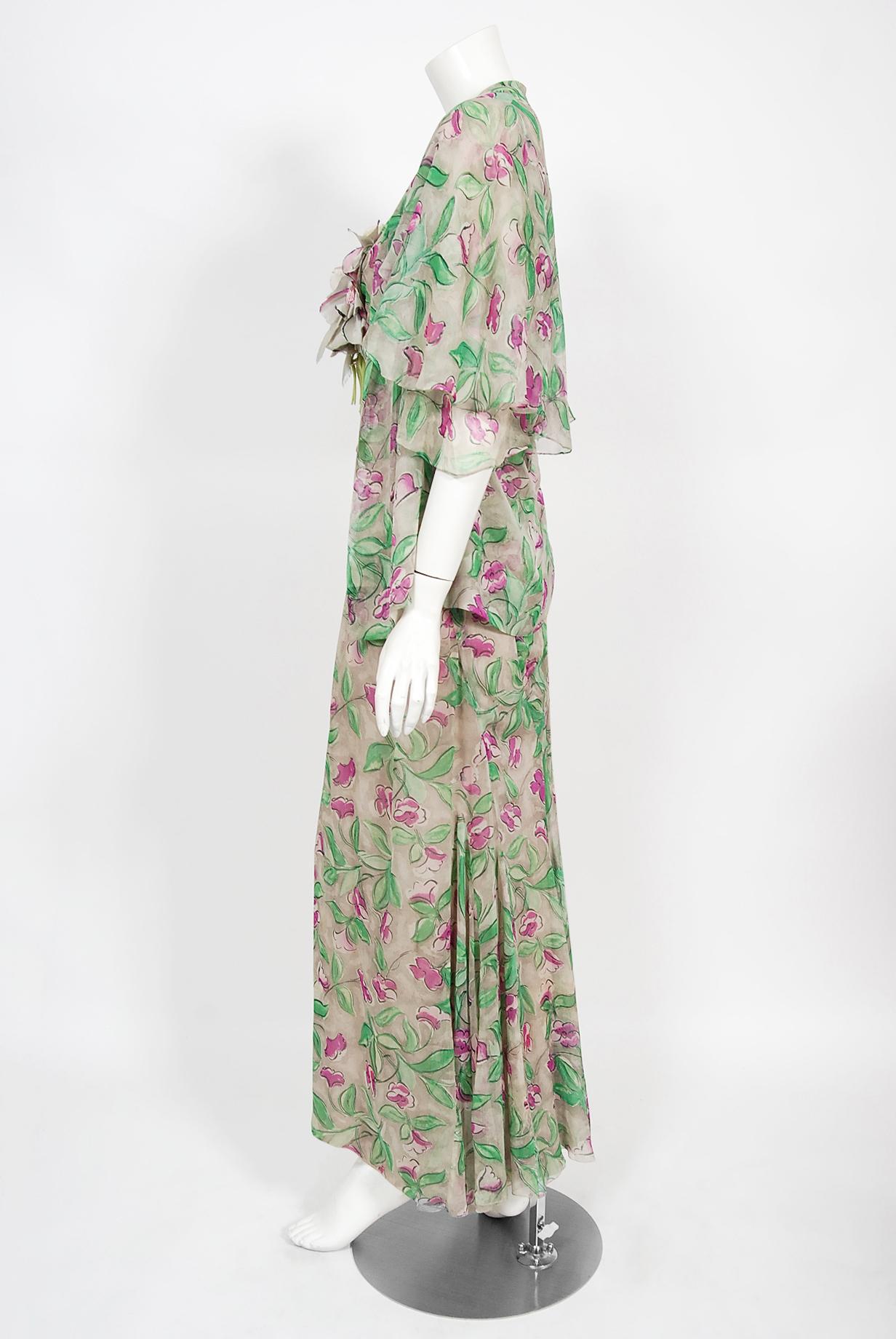 Vintage 1930's Fashion Originators Guild Floral Print Silk Chiffon Gown & Jacket For Sale 3