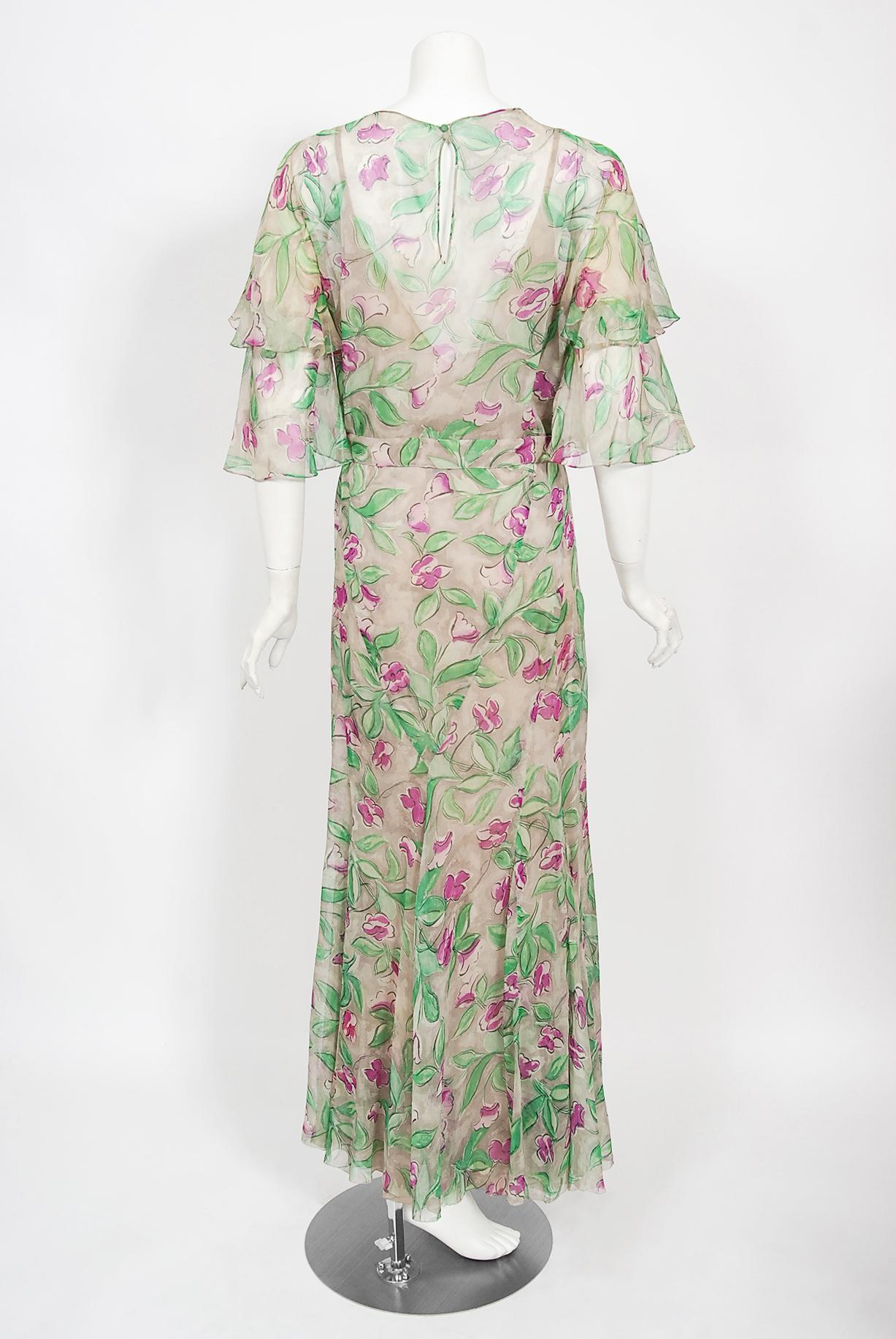 Vintage 1930's Fashion Originators Guild Floral Print Silk Chiffon Gown & Jacket For Sale 5