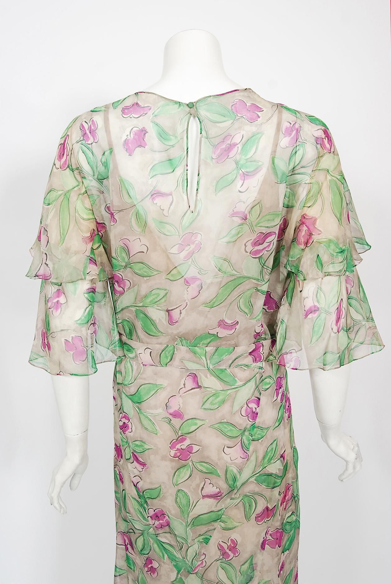 Vintage 1930's Fashion Originators Guild Floral Print Silk Chiffon Gown & Jacket 6