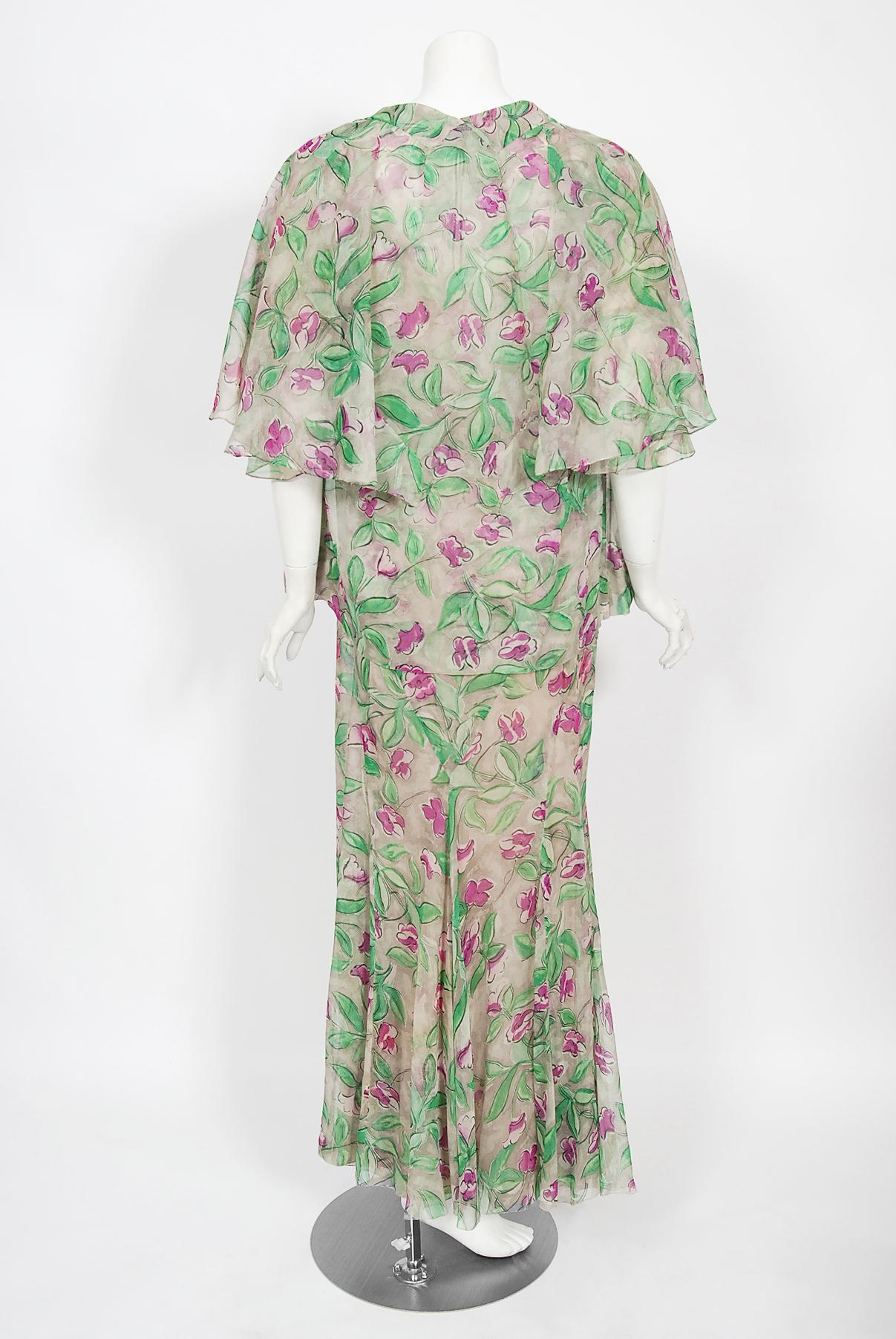 Vintage 1930's Fashion Originators Guild Floral Print Silk Chiffon Gown & Jacket For Sale 7