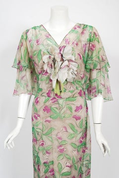 Vintage 1930er Jahre Mode Originators Guild Seiden-Chiffon-Kleid & Jacke mit Blumendruck und Blumendruck