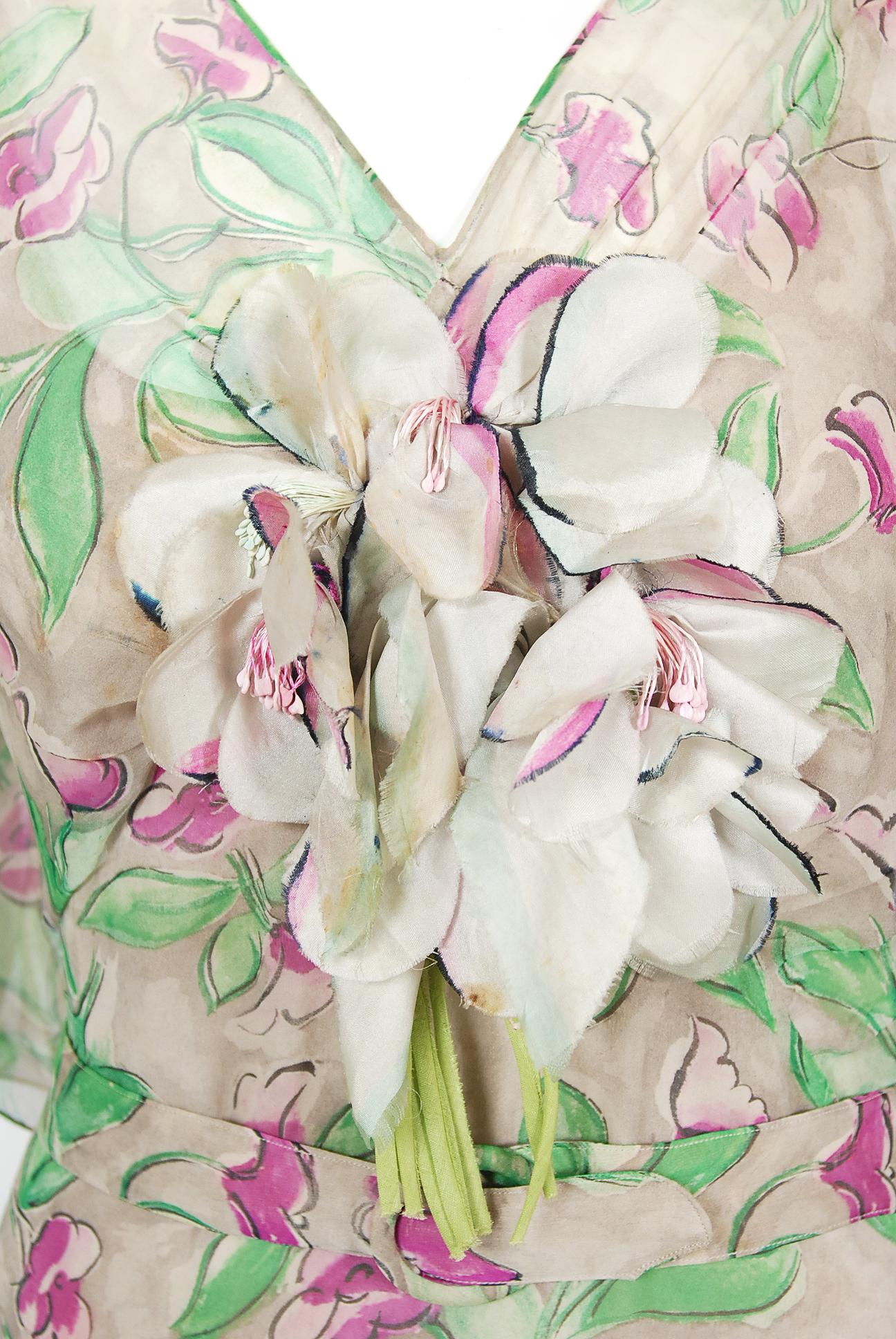 Beige Vintage 1930's Fashion Originators Guild Floral Print Silk Chiffon Gown & Jacket For Sale