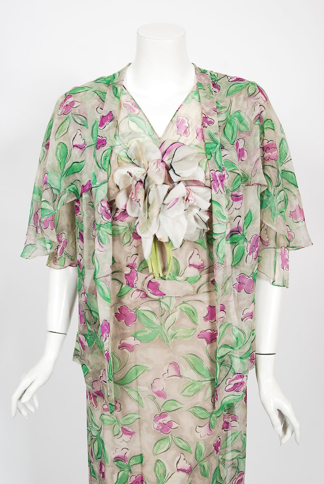 Vintage 1930's Fashion Originators Guild Floral Print Silk Chiffon Gown & Jacket In Good Condition In Beverly Hills, CA