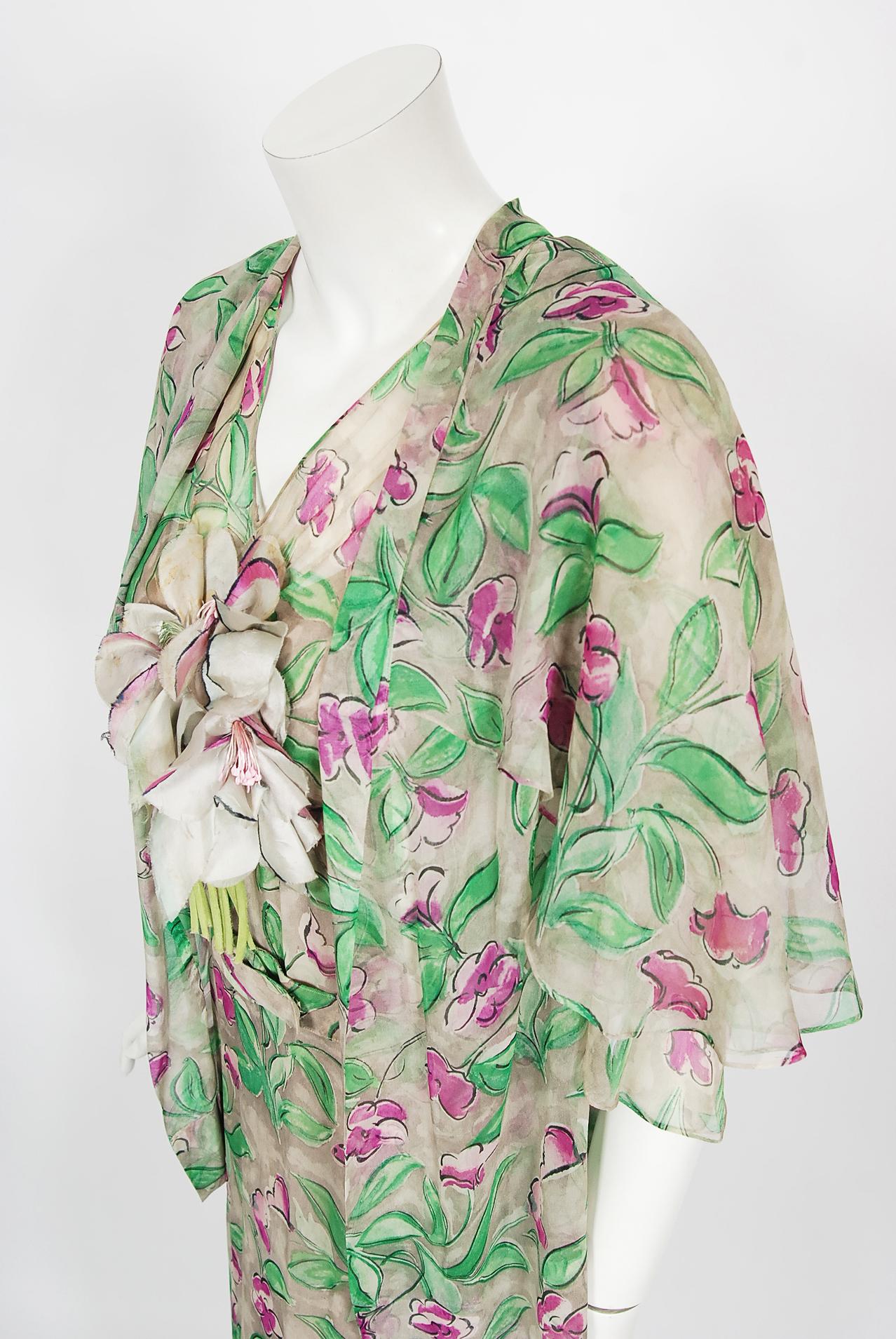 Vintage 1930's Fashion Originators Guild Floral Print Silk Chiffon Gown & Jacket For Sale 1