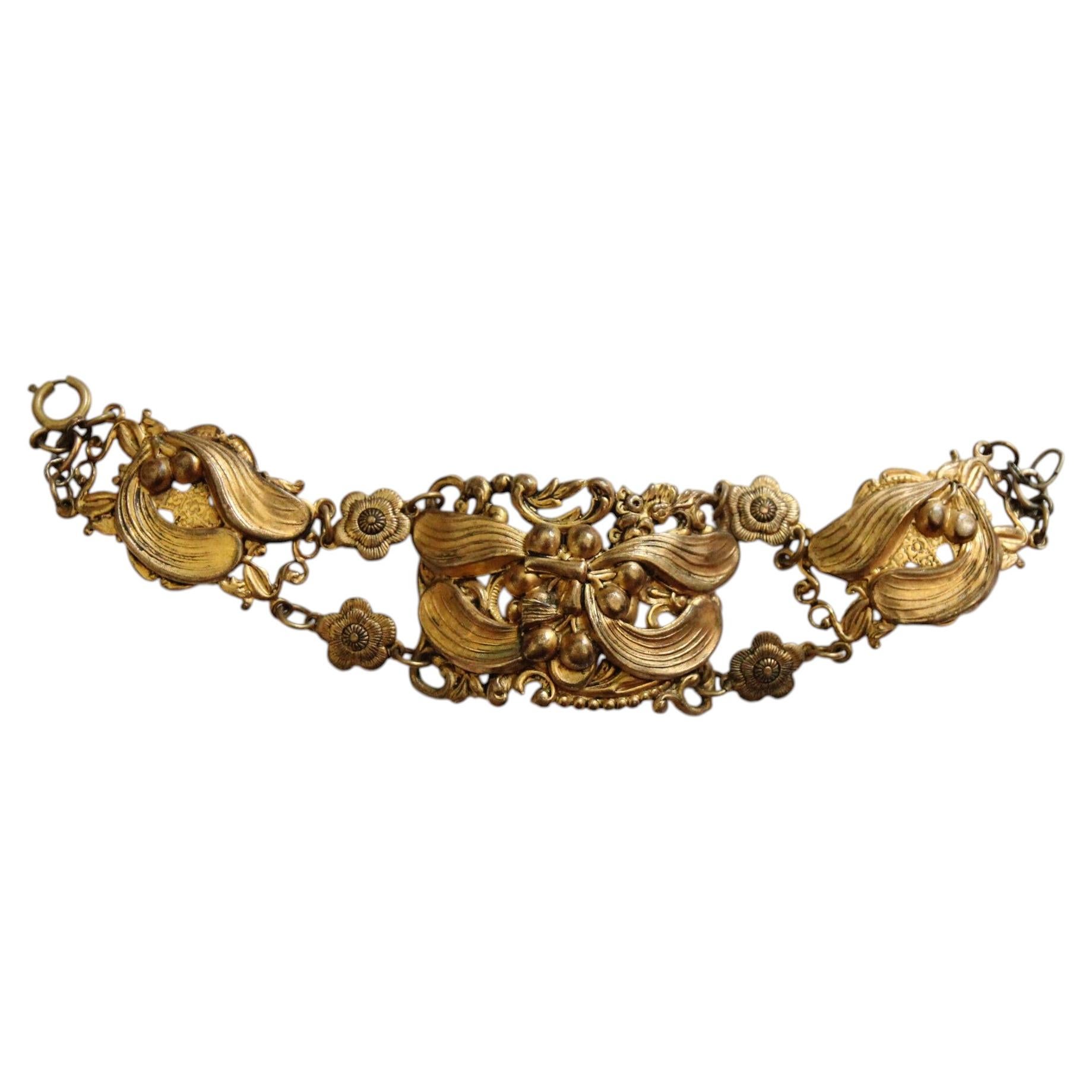 Bracciale vintage in ottone filigranato degli anni '30 - Bracciale a polsino botanico Samara