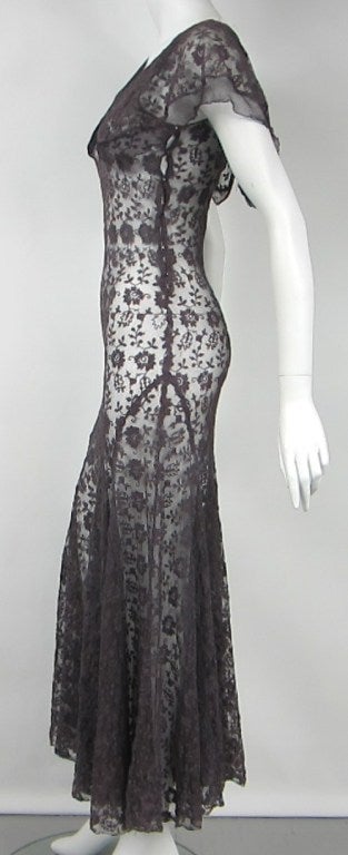 Gray Vintage 1930s Floral Embroidered Mesh Flutter Dress For Sale