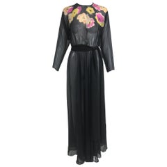 Vintage 1930s Floral Print Bias Cut Black Chiffon Maxi Dress