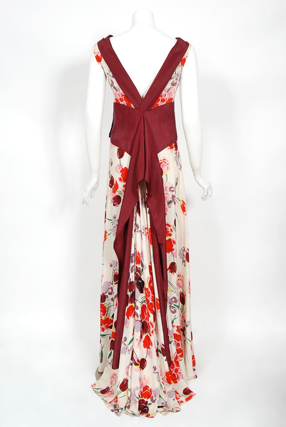 Vintage 1930's Floral Garden Rot Maroon Print Seide Bouquet Appliqué Couture-Kleid im Angebot 6