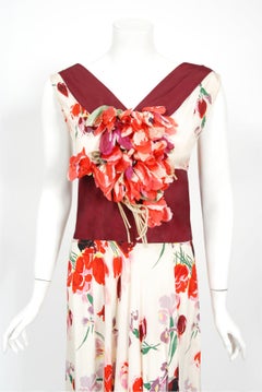 1930s Floral Garden Silk Bouquet Appliqué Couture Old Hollywood Full-Length Gown