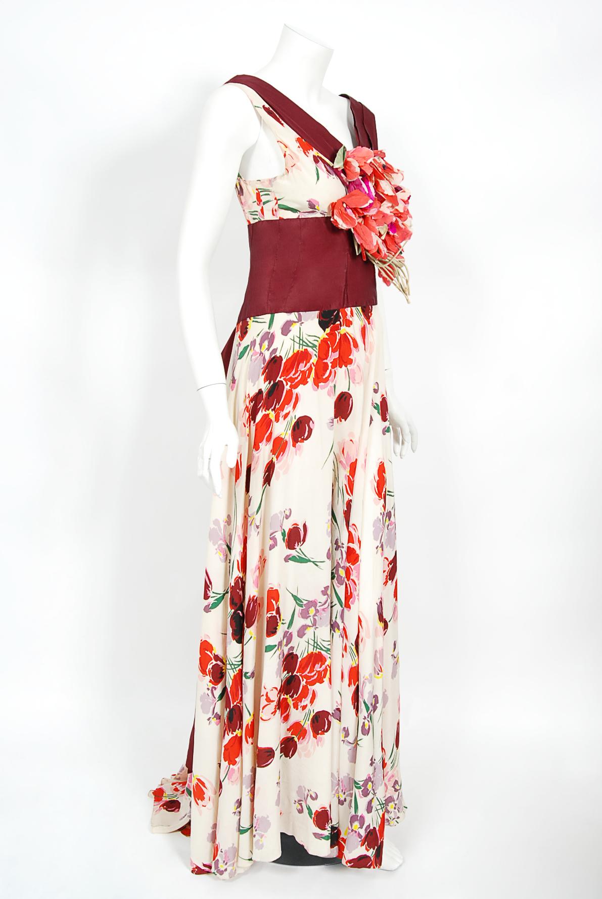 Vintage 1930's Floral Garden Silk Bouquet Appliqué Couture Old Hollywood Gown For Sale 4