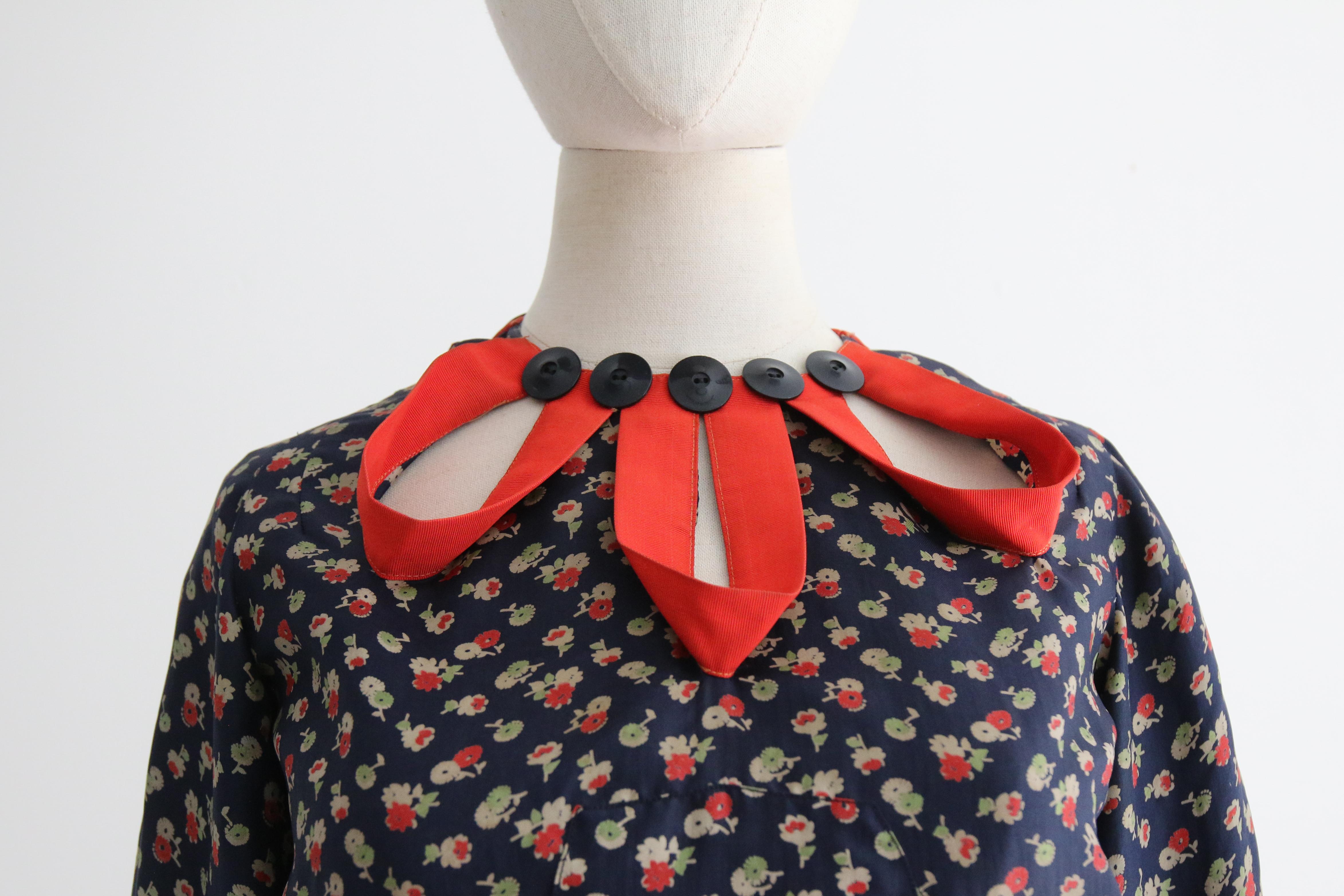 Women's Vintage 1930's Floral Twill Silk & Keyhole Dress UK 8 US 4