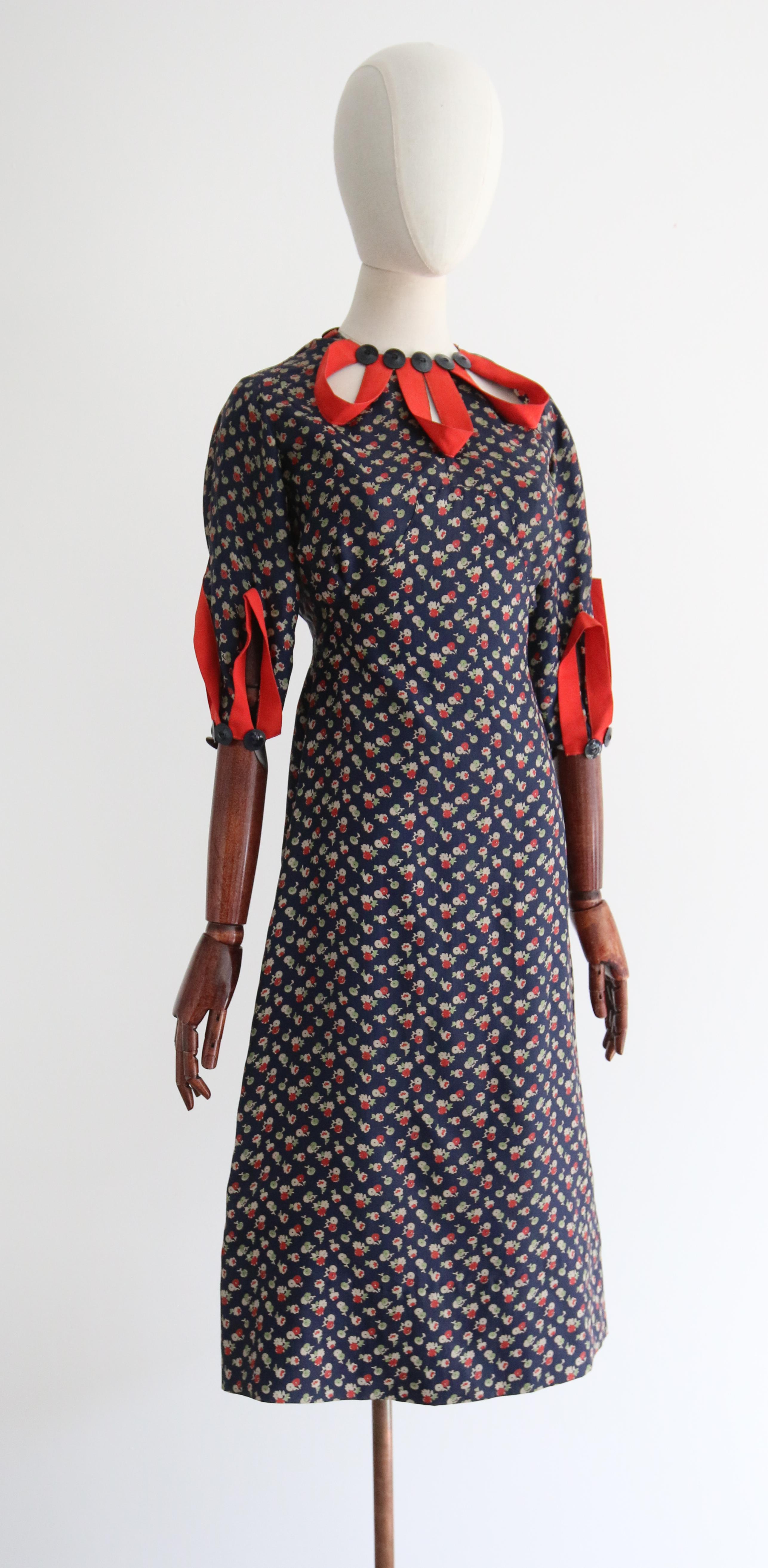 Vintage 1930's Floral Twill Silk & Keyhole Dress UK 8 US 4 1