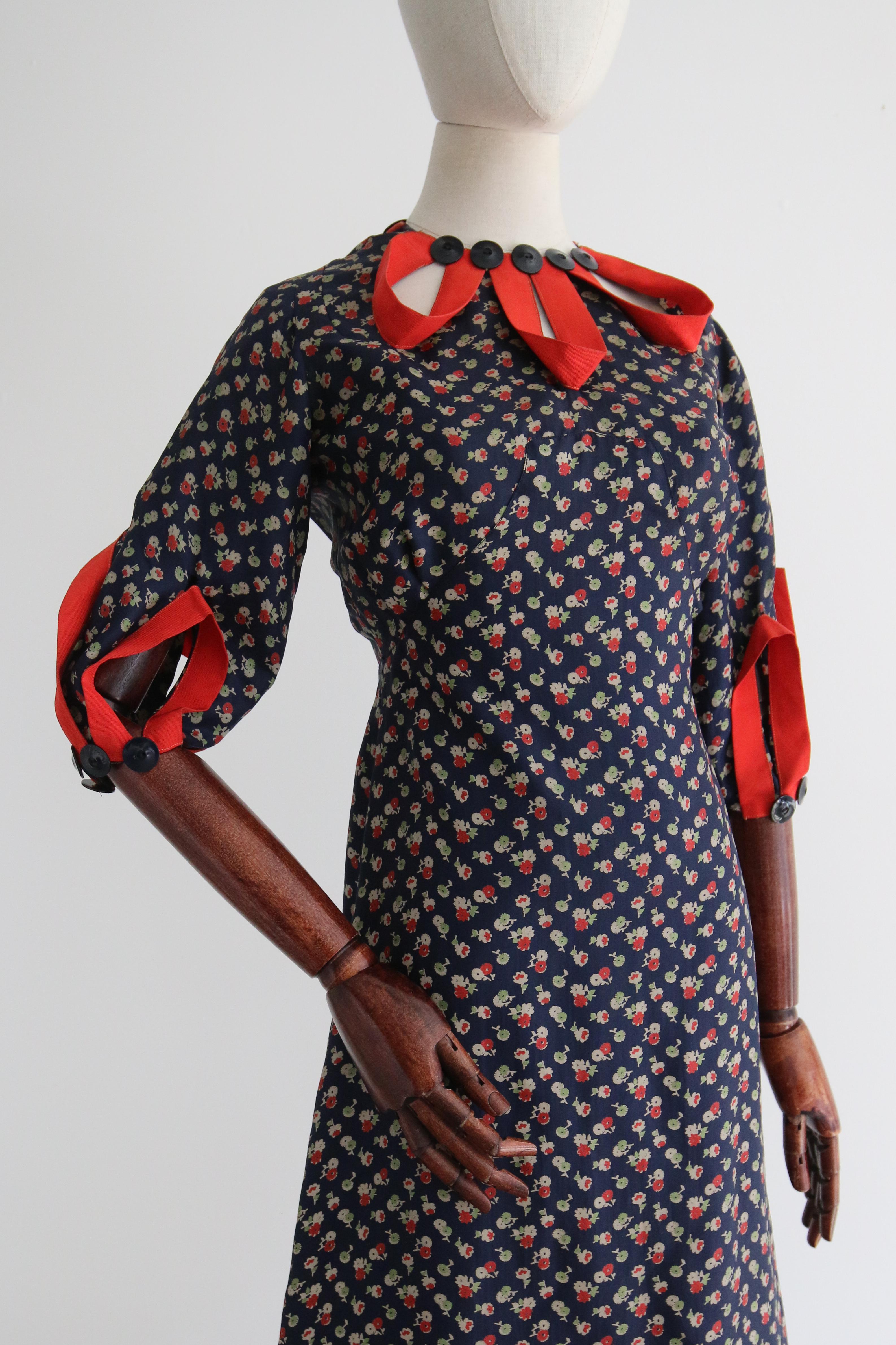 Vintage 1930's Floral Twill Silk & Keyhole Dress UK 8 US 4 2