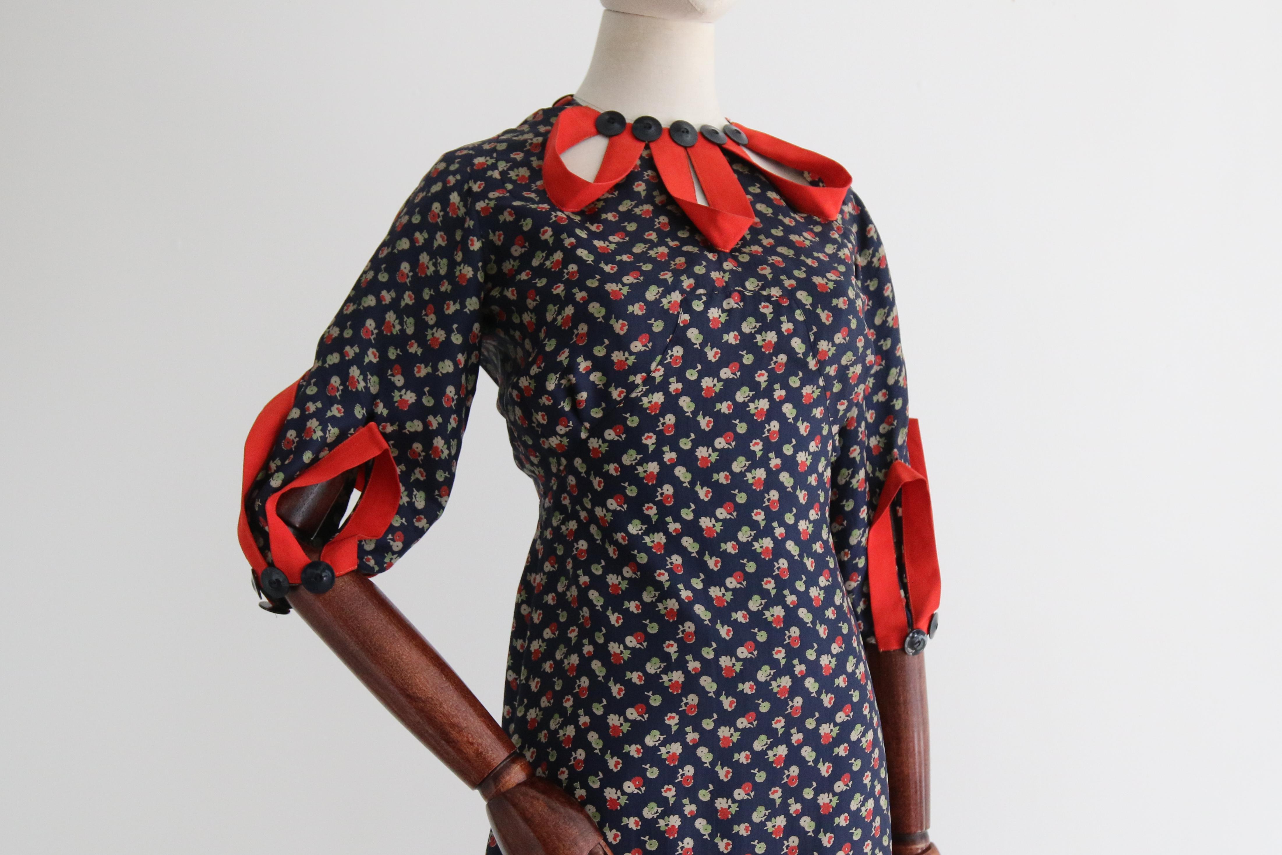 Vintage 1930's Floral Twill Silk & Keyhole Dress UK 8 US 4 3