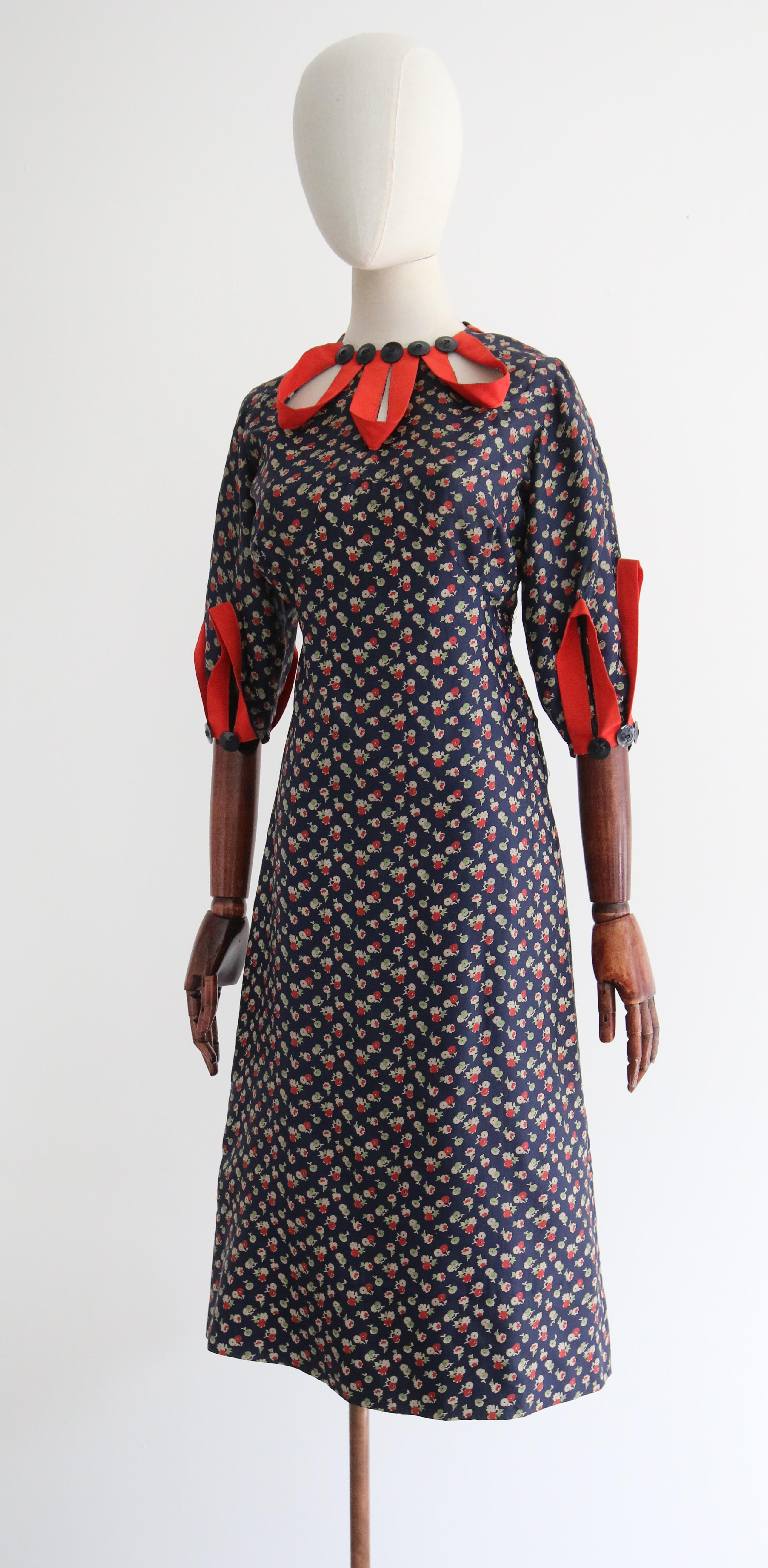 Vintage 1930's Floral Twill Silk & Keyhole Dress UK 8 US 4 4