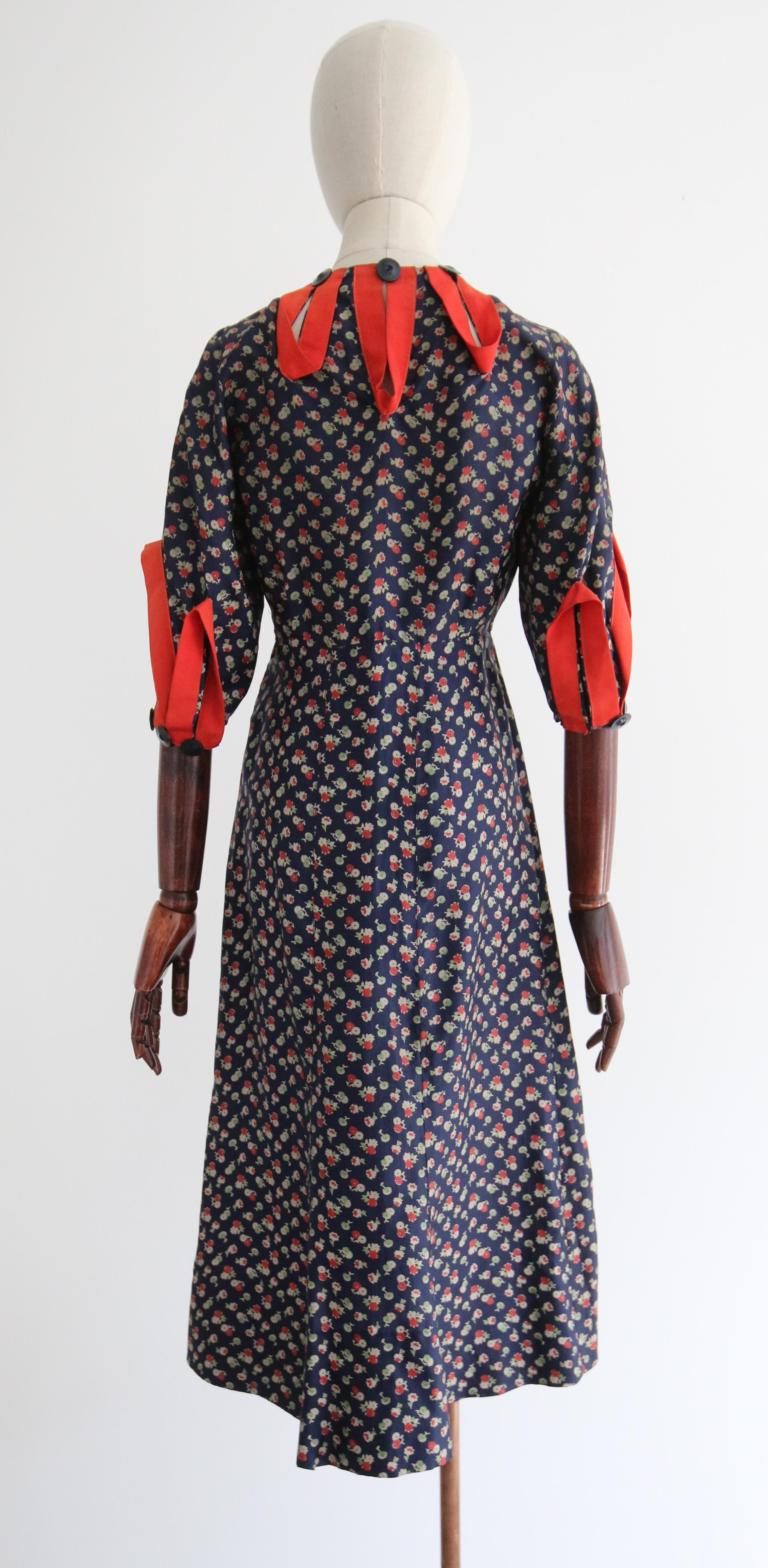 Vintage 1930's Floral Twill Silk & Keyhole Dress UK 8 US 4 5
