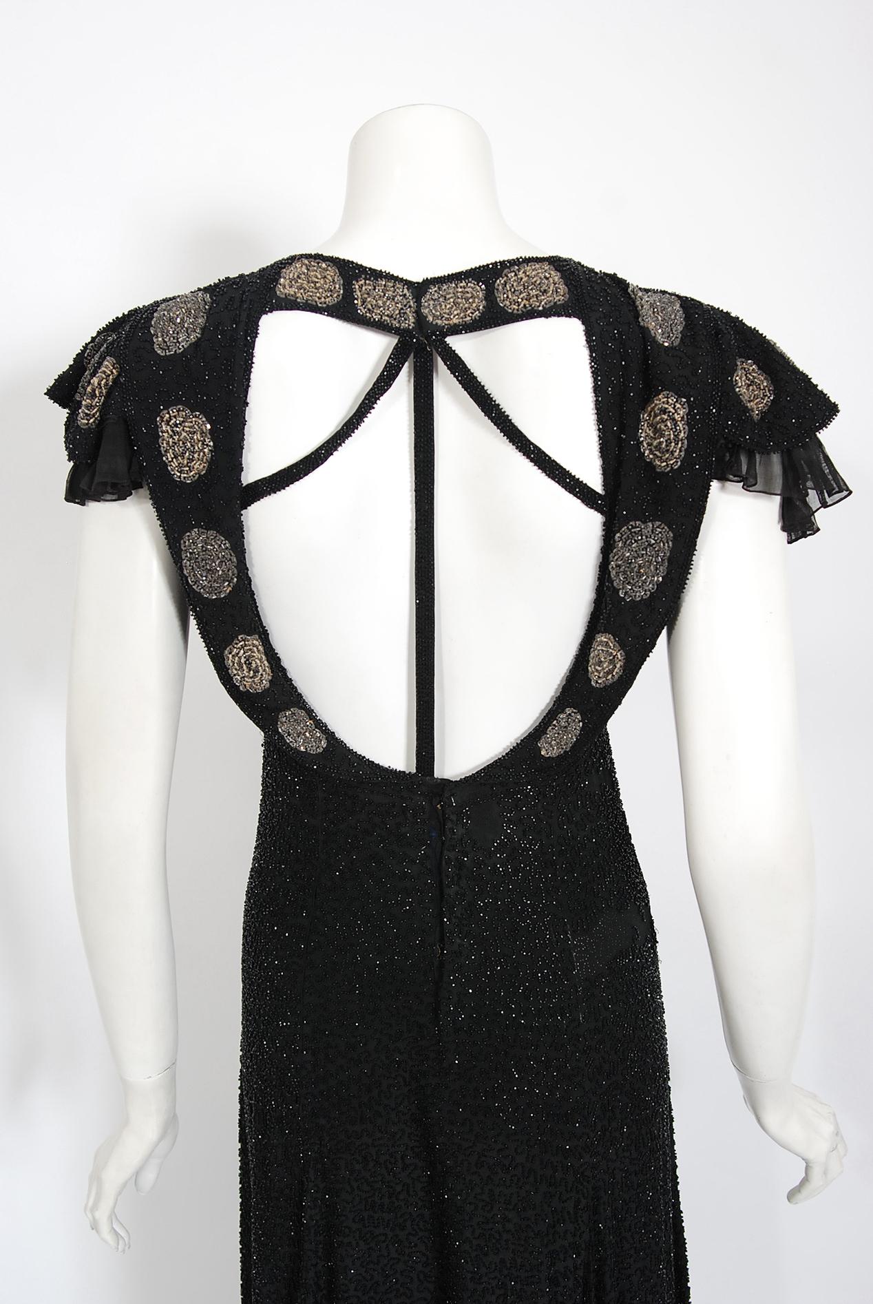 Vintage 1930's French Couture Beaded Black Silk Flutter Sleeve Open-Back Dress   4
